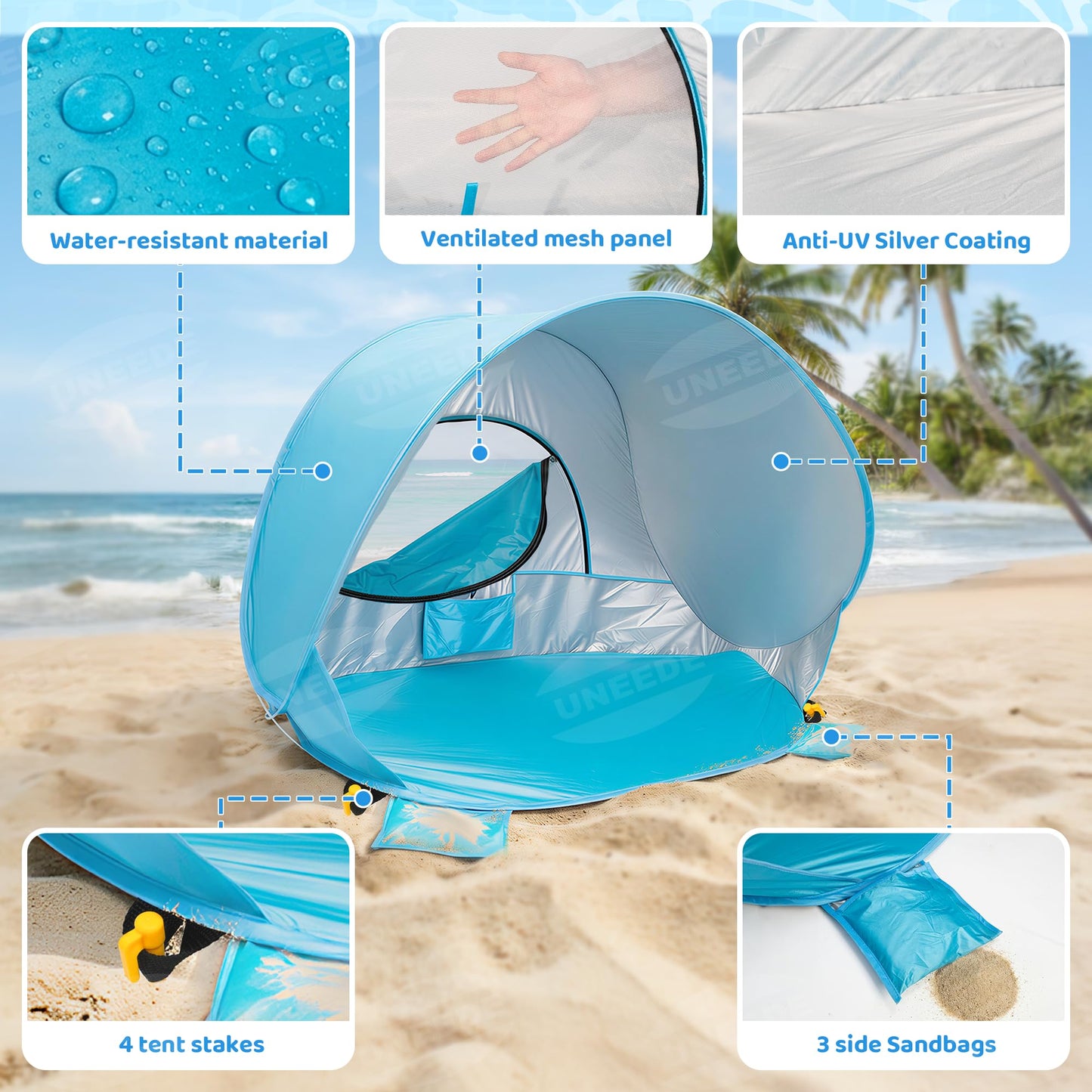 Baby Beach Tent Extra Large Pop Up Baby Tent with UV Protection - Spacious Family Sun Shelter for Parent & Child, Portable Beach Essentials (Blue, 53.1" x 36.6" x 37.4")