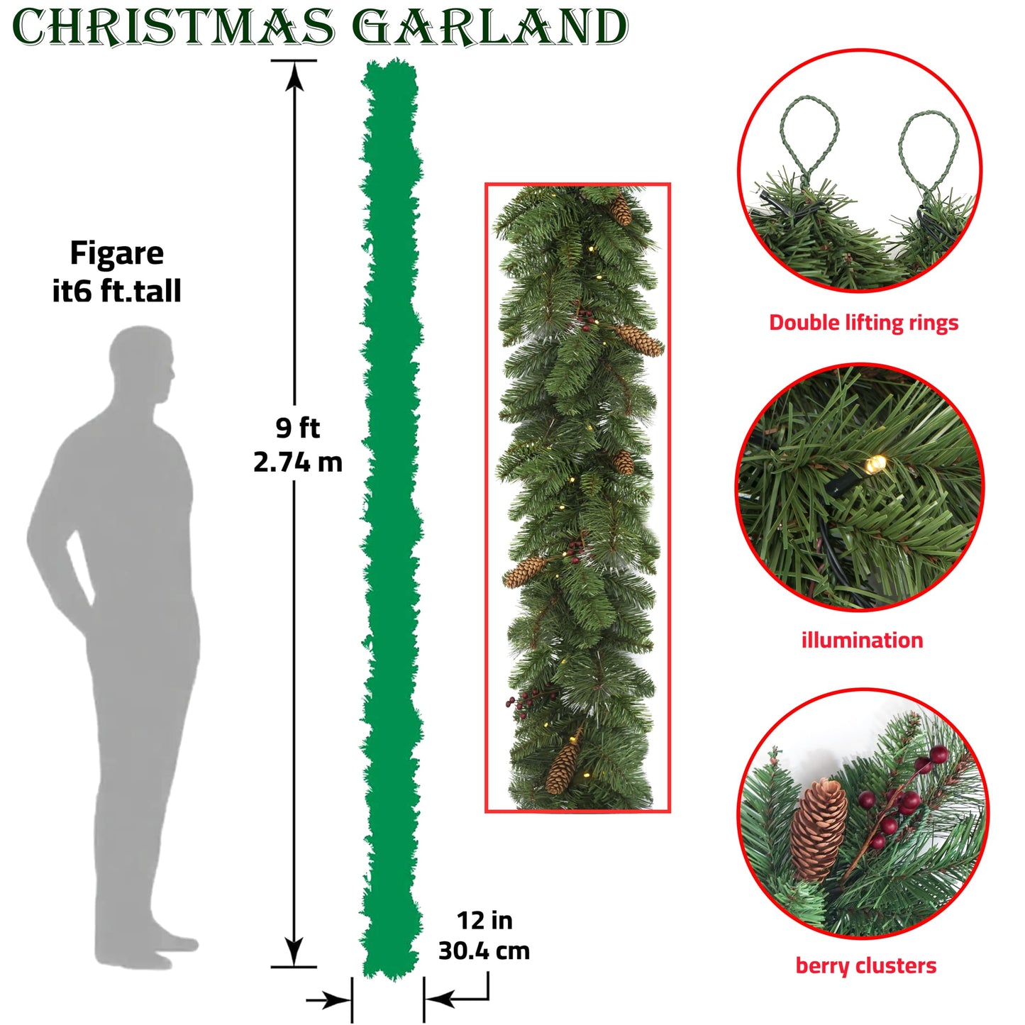 QXXQ 9 Feet Christmas Garland - Christmas Decorations - Carolina Pine Garland for Table, Fireplace, Mantle, Wall, Indoor Outdoor - Green Garland for Christmas Decorations - Free LED String Lights