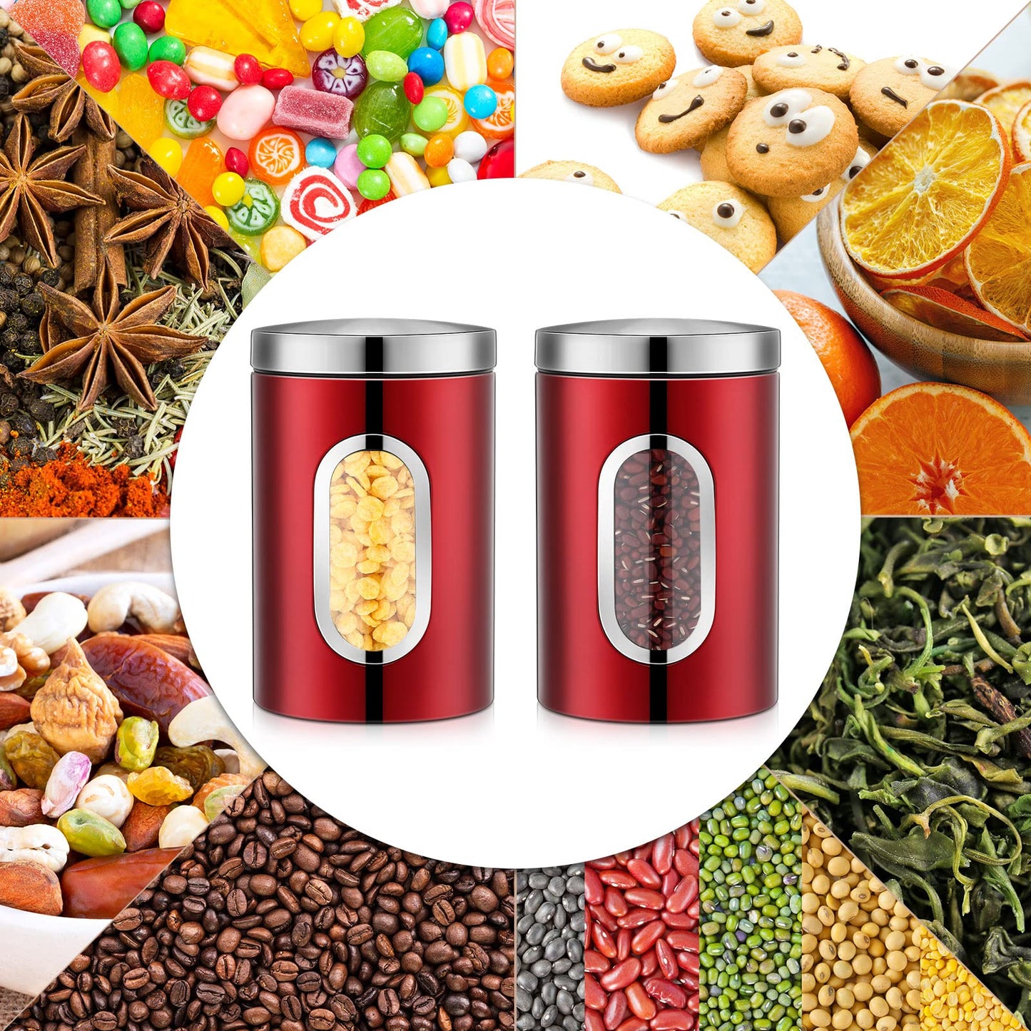 Zopeal 6 Pack Red Canisters Sets For Kitchen 50oz Stainless Steel Red Kitchen Canisters with Transparent Windows Flour Sugar Container Metal Jar Countertop Set for Coffee Tea Decorative