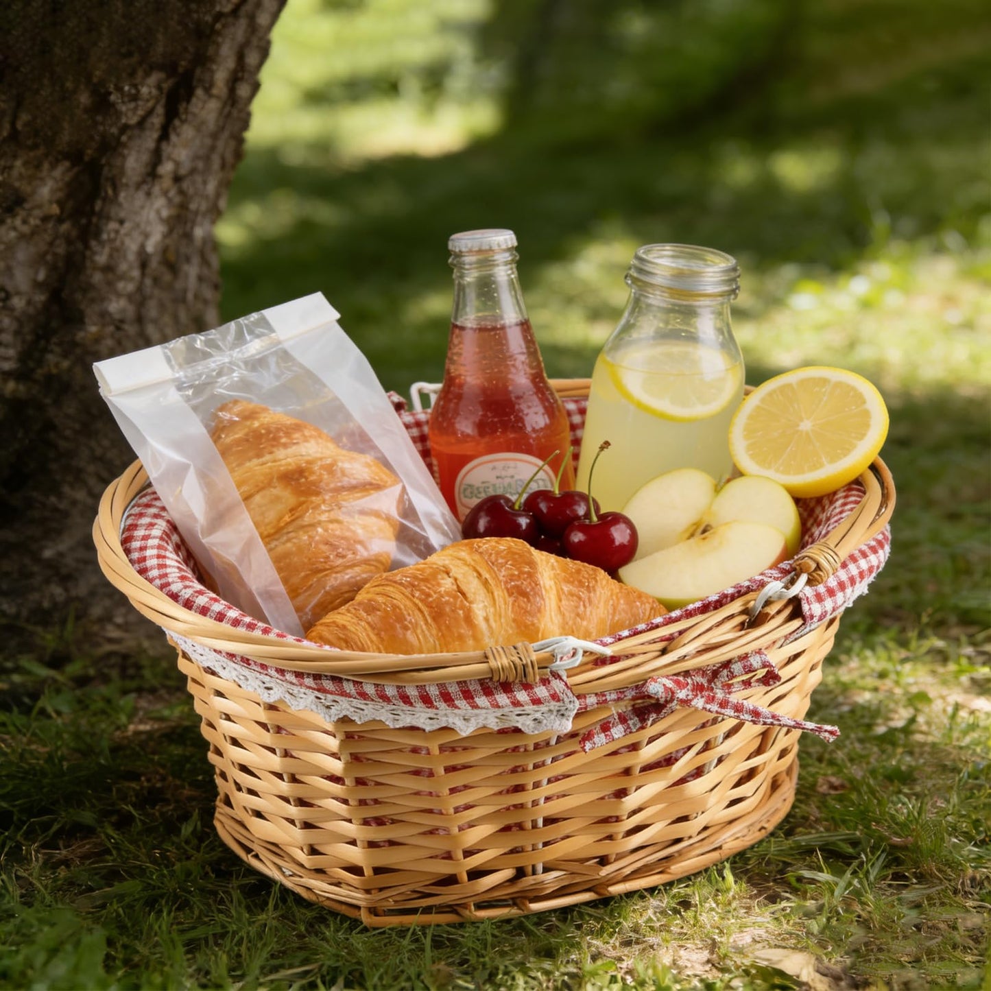 ZEONHEI Wicker Woven Basket with Double Folding Handles, Willow Picnic Hamper with Linen Cloth Lining for Easter Eggs, Candy Storage, Gift Packing, (Red, 14 Inch)