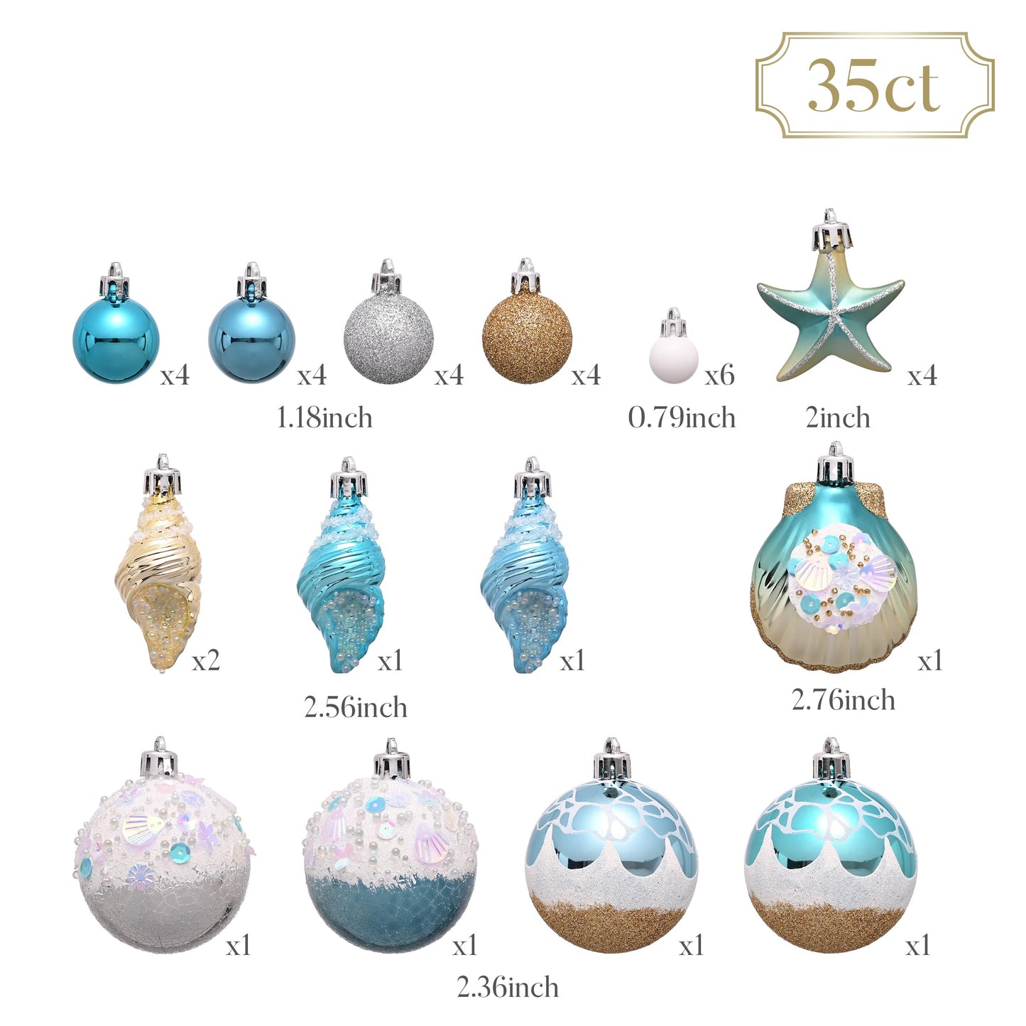 Valery Madelyn Summer Tree Ornaments 35ct Shatterproof Nautical Beach Decor Nautical Ocean-Themed Coastal Christmas in July Tree Decorations, Seashells Starfishs Conch Shell for Tropical Party