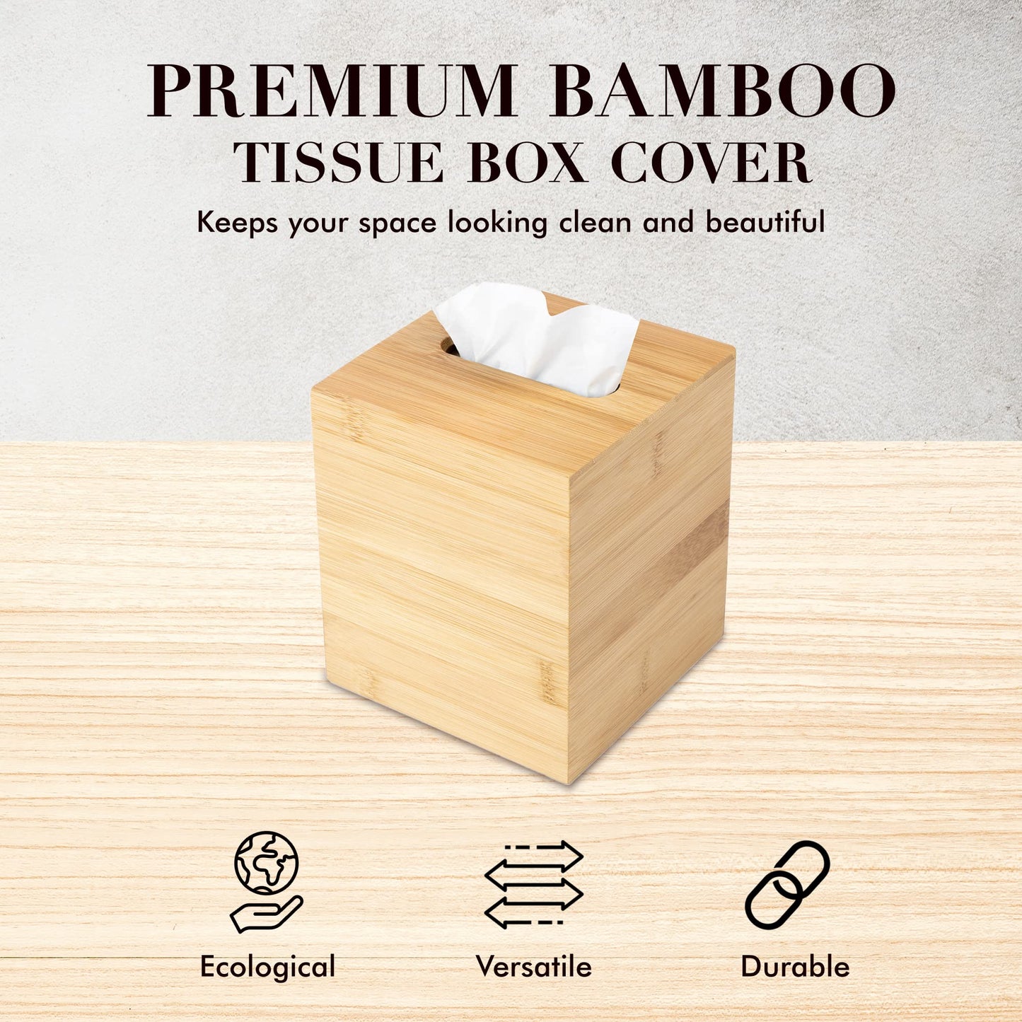 JUSK Design Tissue Box Holder - Modern, Minimalist, Durable Wooden Bamboo Box with Sliding Bottom, Easy-Refill - Premium-Quality Bamboo Cover, Square