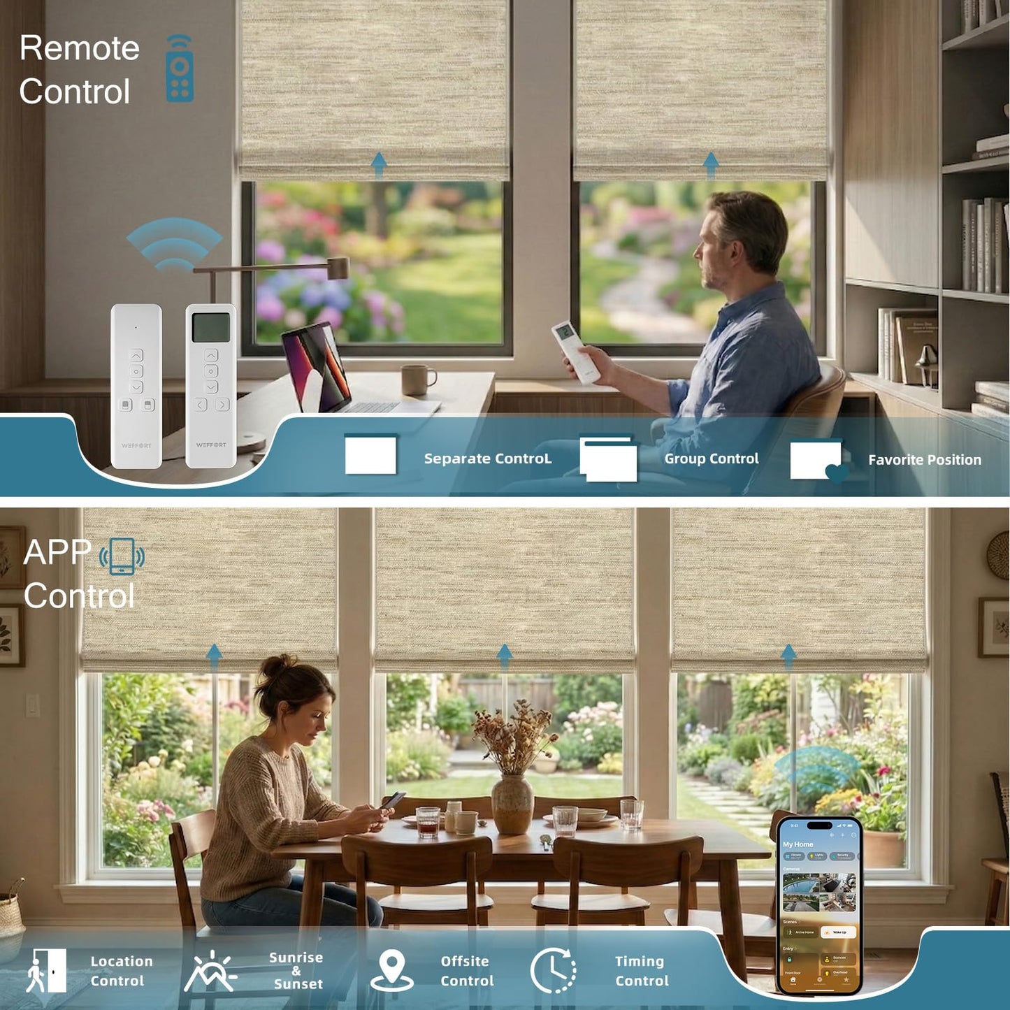 WEFFORT Motorized Roman Shades, Woven Woods Shades, Work with HomeKit/Alexa/Google Home, Cordless, Custom Size, Crocheting Kenaf