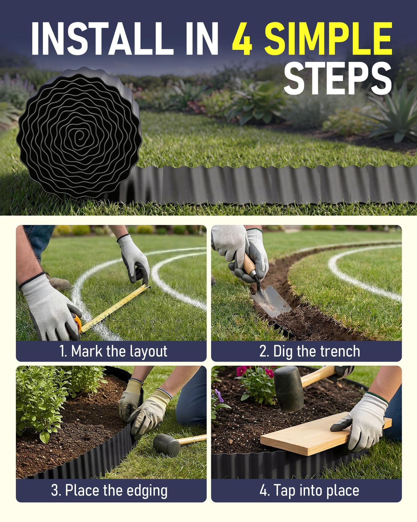 SOCONT Corrugated Metal Garden Edging, 6"×40Ft Durable Landscape Border for Garden, Lawn, Flower Beds and Paver Edging (Black)