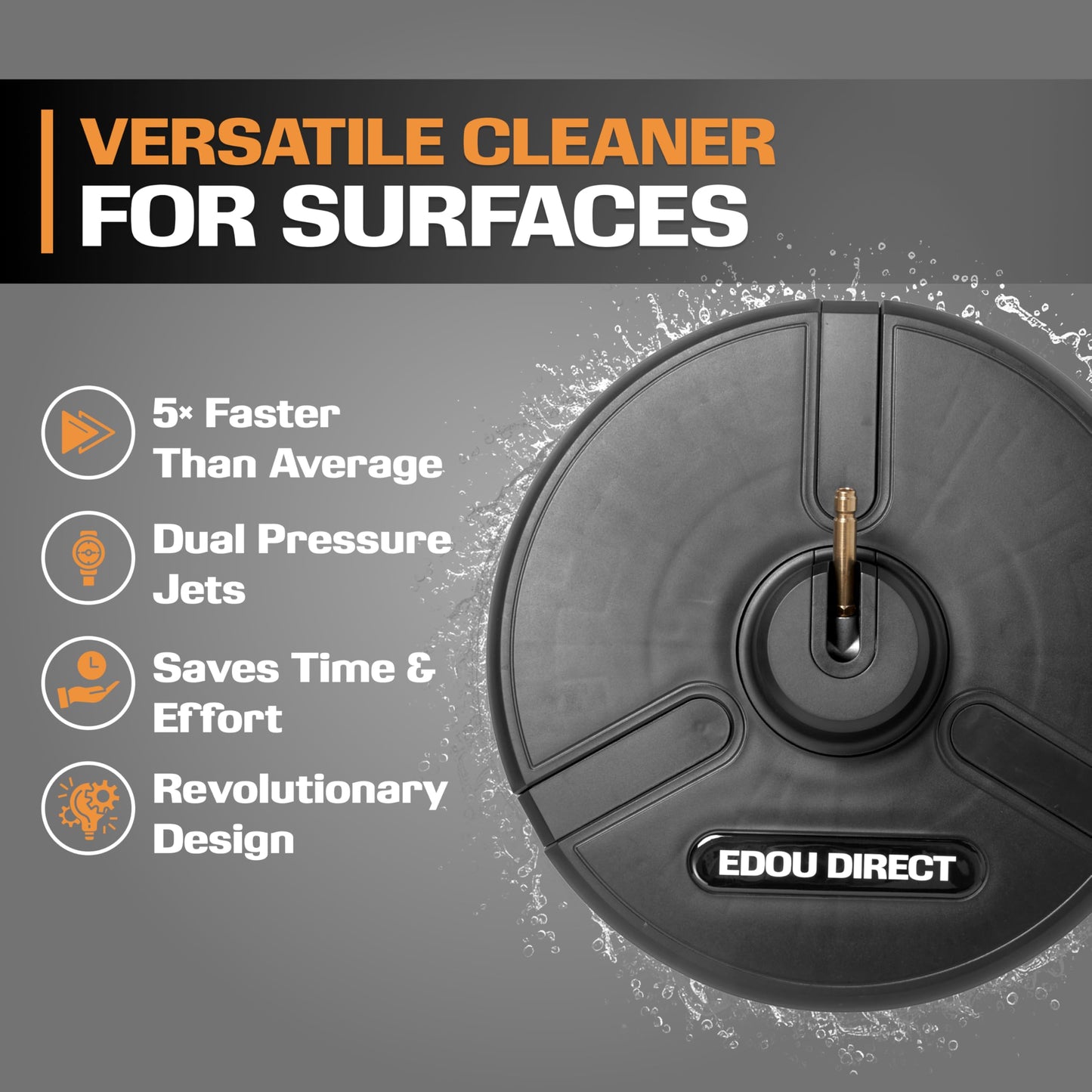 Edou Direct Pressure Washer Surface Cleaner - Heavy-Duty Plastic - 15'' - Black - Dual Spinning Nozzles for Fast Cleaning - Compatible with Most Electric Pressure Washers - 1/4 Inch Quick-Connect