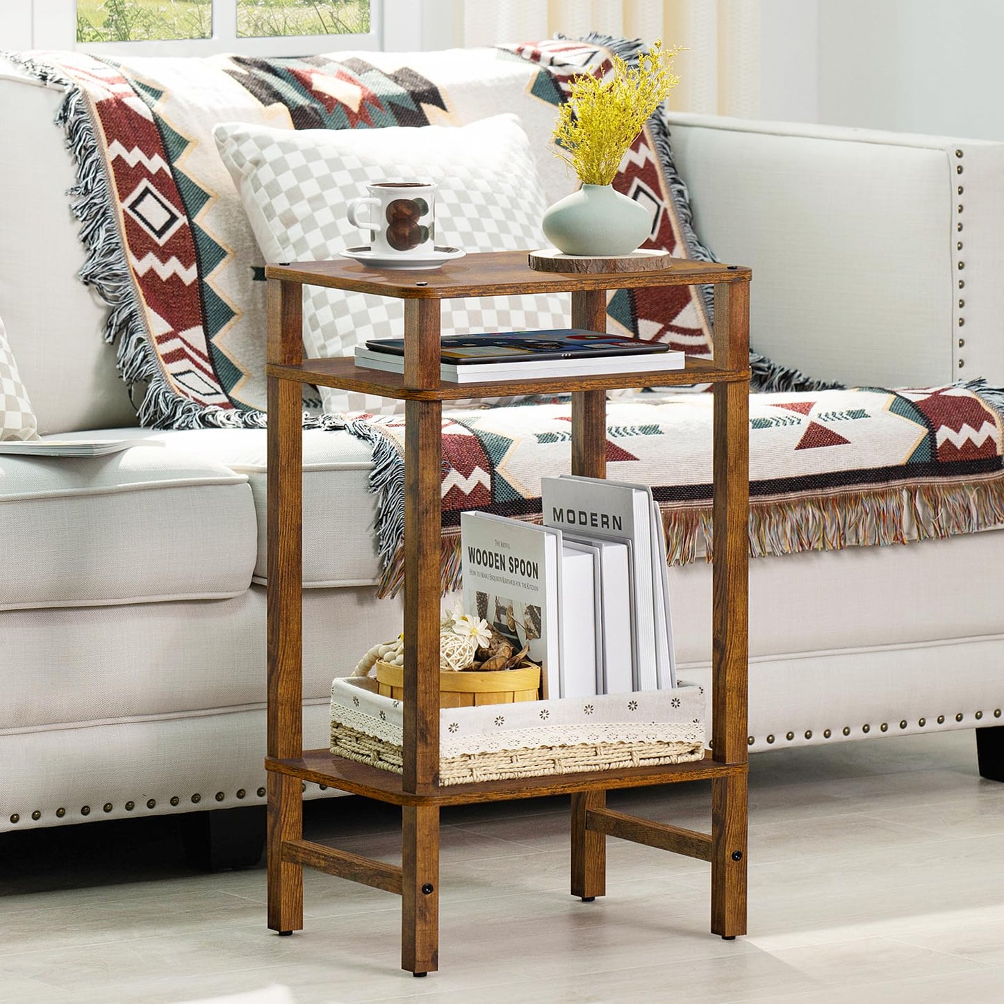 YUFAM Side Table End Table Tall Night Stand 3-Tier for Living Room Bedroom Bathroom Office Furniture Brown