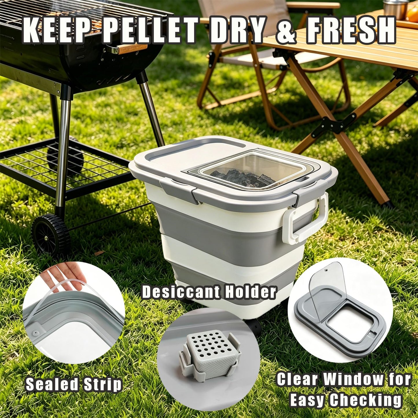 Wood Pellet Storage Containers 35lbs, Collapsible Pellet Storage Bin with Scoop and Label Stickers, Charcoal Storage with Locking Lid Clear Window, Smoker Pellet Storage Pellet Bucket Grill Accessory