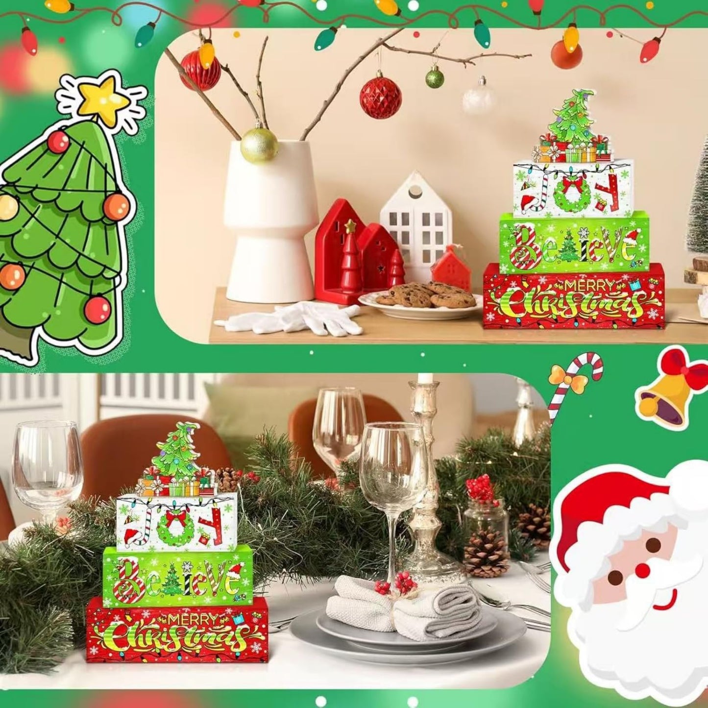 4 Pcs Christmas Wooden Tabletop Decor Winter Christmas Tree Gift Tiered Tray Decorations,Winter Table Centerpieces, Red and Green Centerpiece Rustic Block Signs,Furniture Kitchen Decor Gifts