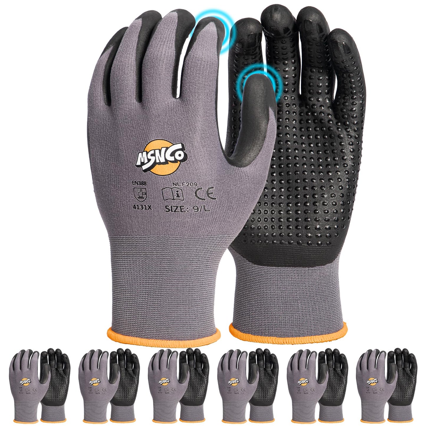 MSNCO Safety Work Gloves 6/12 Pairs Micro Foam Nitrile Coated Endurance Seamless Knit Nylon ，Wear-resistant mechanical gloves with raised dots L Bump