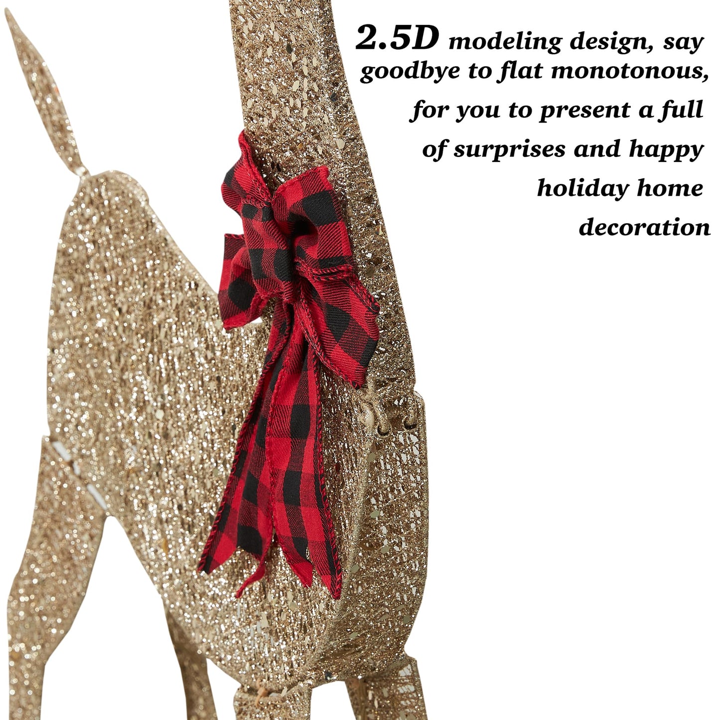48 Inch 2.5D Gold Lighted Christmas Deer Decorations 3-Piece Outdoor Holiday Decorations Reindeer Set with 145 Warm White LEDs, Large Yard Display for Garden, Storefront