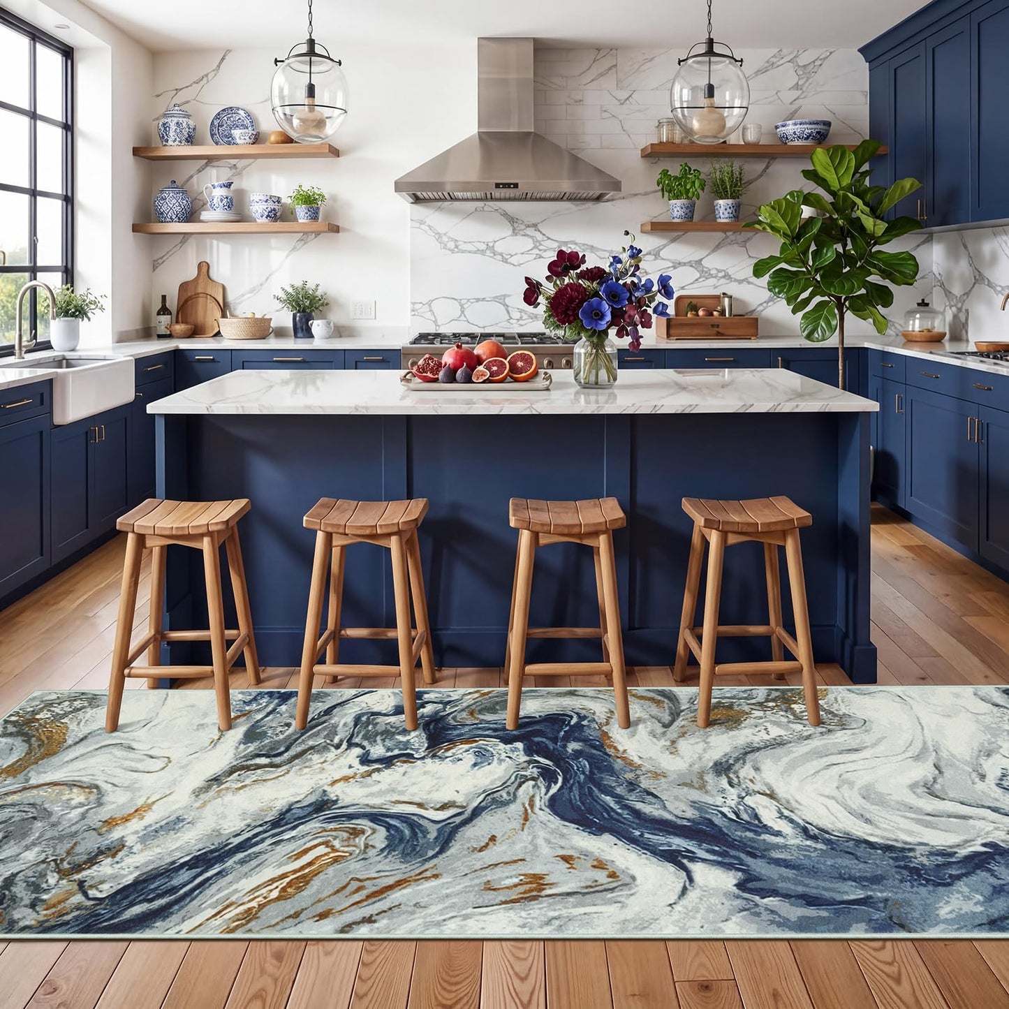 2x8 Kitchen Runner Rugs Washable Blue Soft Hallway Runner Non Slip Marble Entryway Rug Abstract Laundry Mat Stain Resistant Carpet for Entryway Bedroom Bathroom Beside Rug