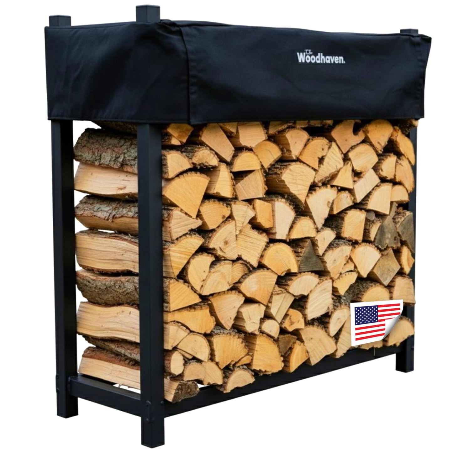 Woodhaven Black 4 Foot - Heavy Duty Made In USA - Indoor Outdoor - 1/4 Cord Firewood Storage Log Rack With Seasoning Cover Combo Set - Metal Log Storage - 48” x 48”