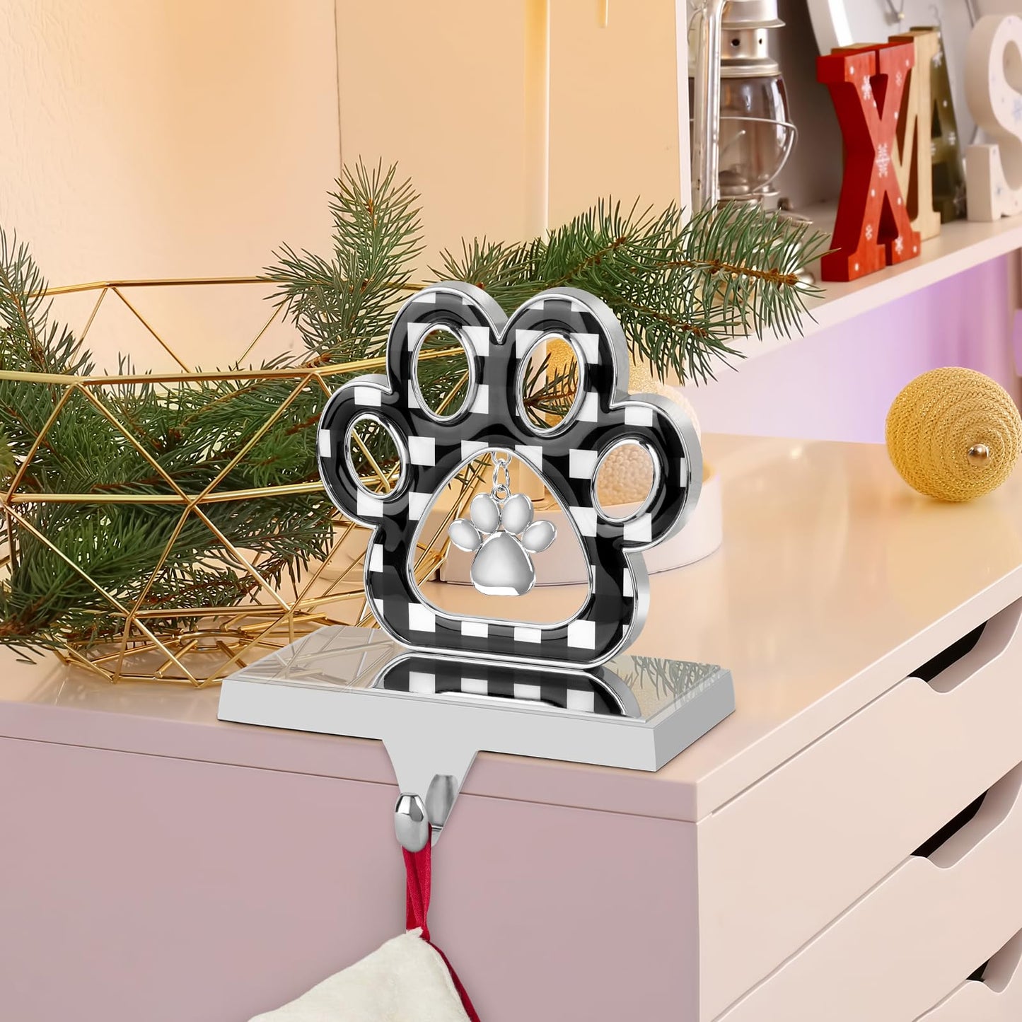 Abilat Dog Paw Christmas Stocking Holder, 3D Silver Metal Stocking Holder with Pendant Black Buffalo Plaid Pet Stocking Hangers for Mantle Fireplace Table Christmas Decoration (Black and White)