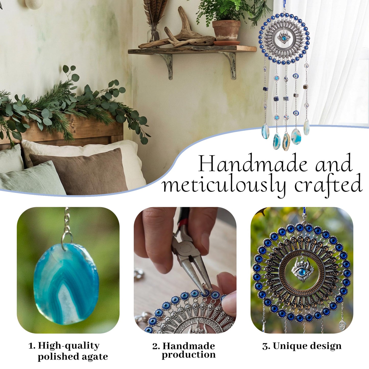 Evil Eye Dream Catcher, Handmade Blue Agate Stone Catcher with Crystals, Protective Bohemian Wall Hanging Decor for Bedroom, Window, Garden - Unique Housewarming Gift for Friends and Family