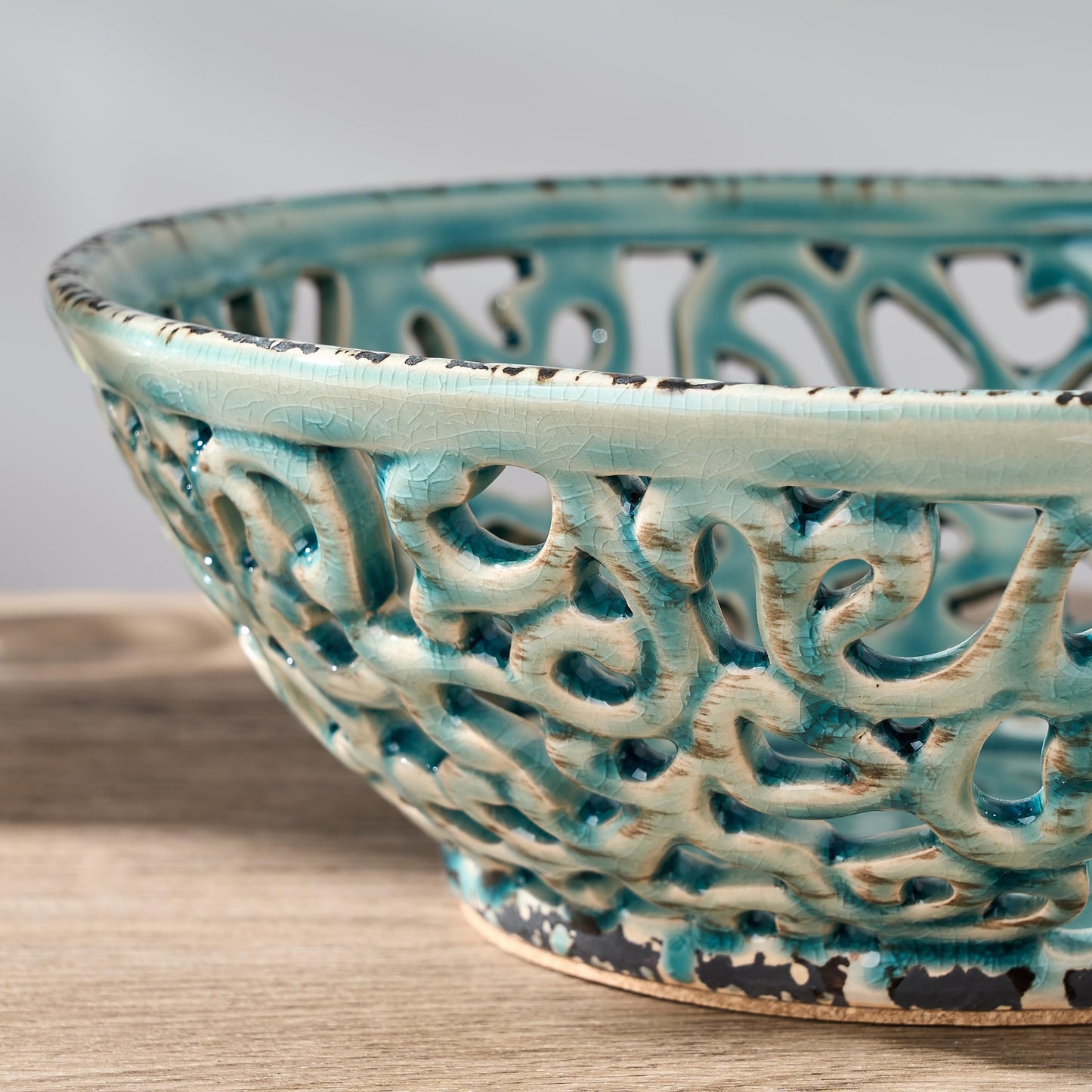 SIDUCAL Ceramic Fruit Bowl for Kitchen Counter,Decorative Fruit Basket with Holes, 10.43" Large Hollow Out Fruit Vegetable Holder Bowl for Table Decor, Blue