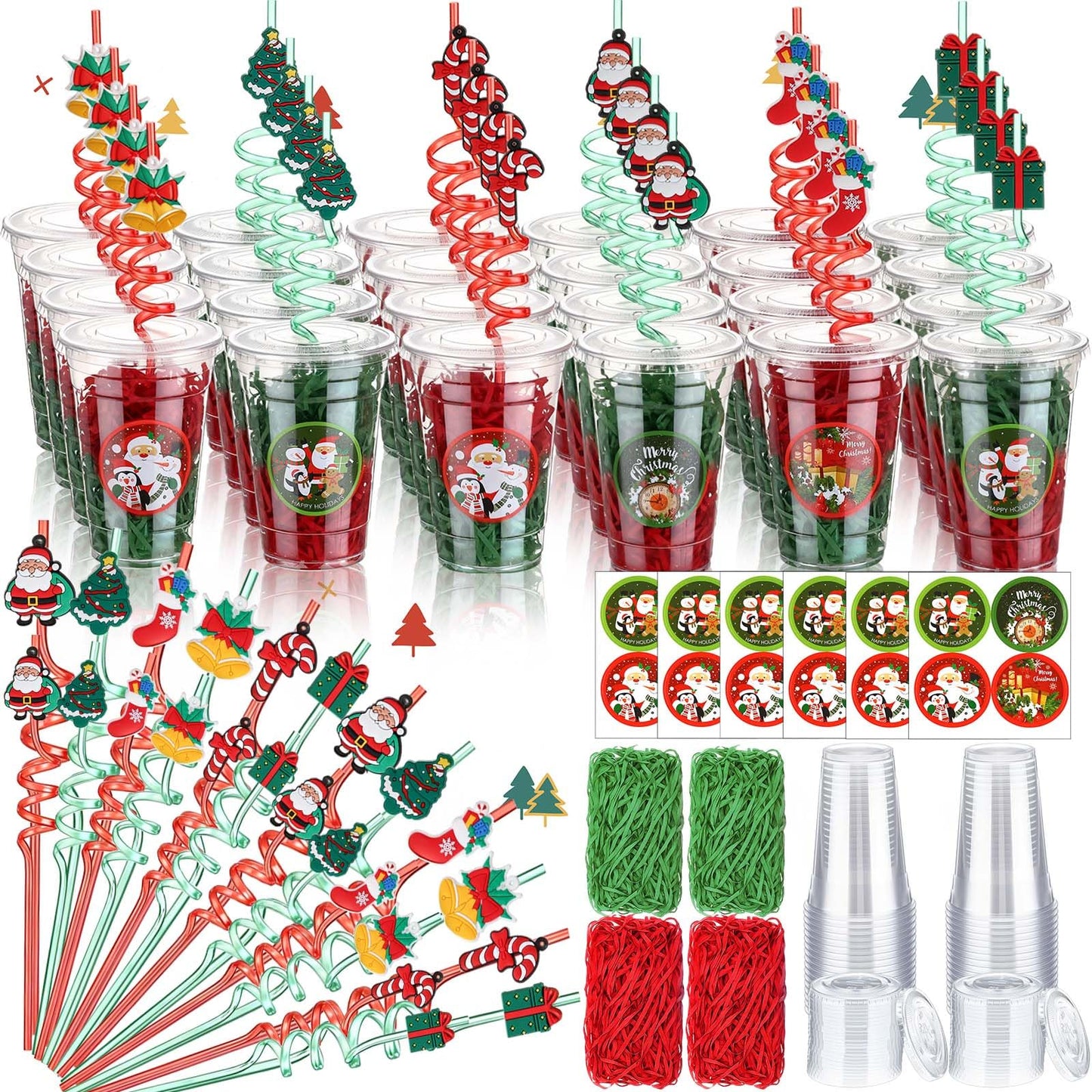 Vesici 124 Pcs Christmas Plastic Cups Bulk with Lids Straws Stickers Raffia Snowman Santa Claus Plastic Cups Xmas Disposable Clear Mugs Party Favor Holiday Birthday Wedding Party Supplies, 24 Sets