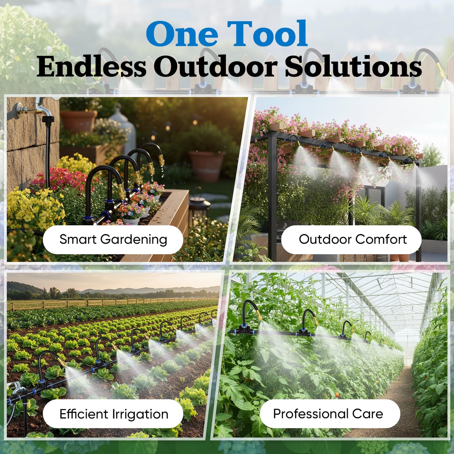 100ft 1/4-Inch Drip Irrigation Kit with 16 Adjustable Copper Nozzles, Automatic Atomizing Watering Sprinkler System for Garden, Raised Beds, Lawn, Greenhouse & Patio