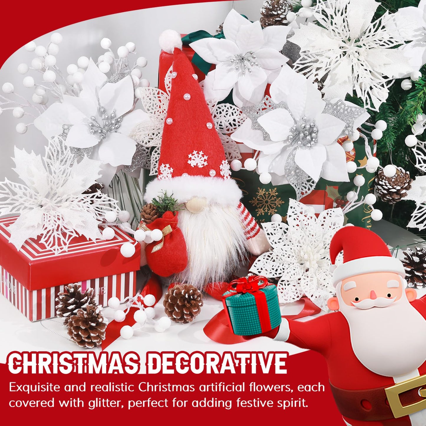Hommtina 56 Pcs Christmas Decorations, 4 Styles Poinsettias Artificial Christmas Flowers Glitter Berries Stems Ornaments Tree with Pine Cones & Stems for Xmas Wedding DIY Wreath Floral Party (White)