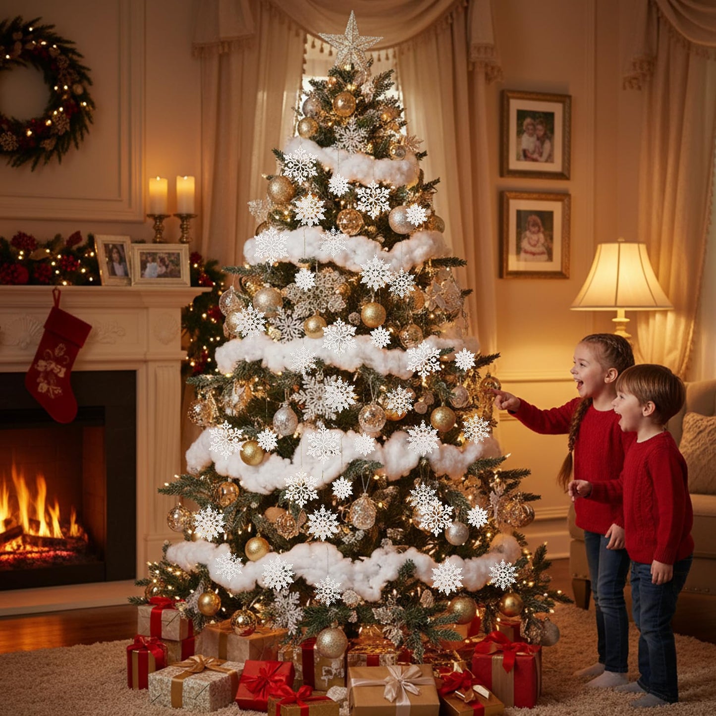 HunnmingRe 37 Pcs Christmas Tree Ornaments Set, 93 x 35 Inches Snow Blanket Roll and 36 Pcs White Glitter Plastic Snowflake Ornaments for Winter Tree Garland Village Decor