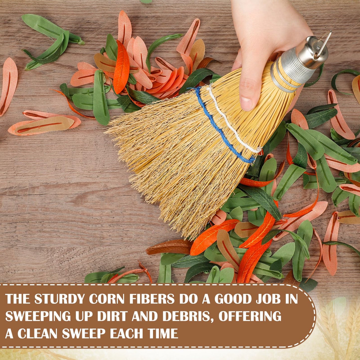 Suclain 1 Pcs 12 Inch Whisk Broom Hand Held Mini Corn Straw Whisk Broom Short Handle with Metal Hanger Halloween for Multi Surface Sweeping Small Hand Brush for Outdoor Car Porch Debris Dust Dirt