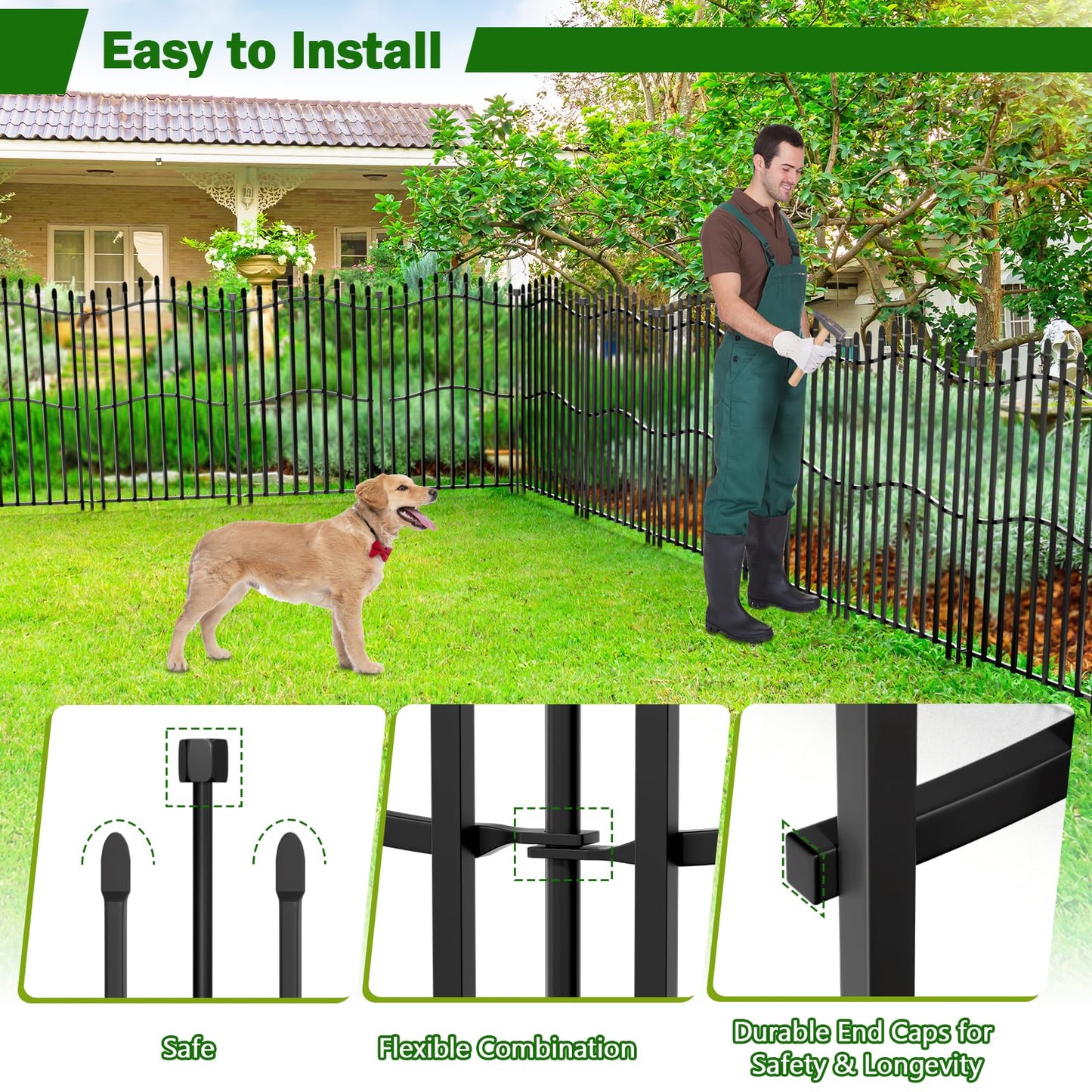 10 Panels No Dig Decorative Garden Fence with Gate - 40in H x 22.5ft L, Duty Square-Tall Heavy Duty Square Tube Animal Barrier, Rustproof Dog Fence for Outdoor Yard & Patio Protection