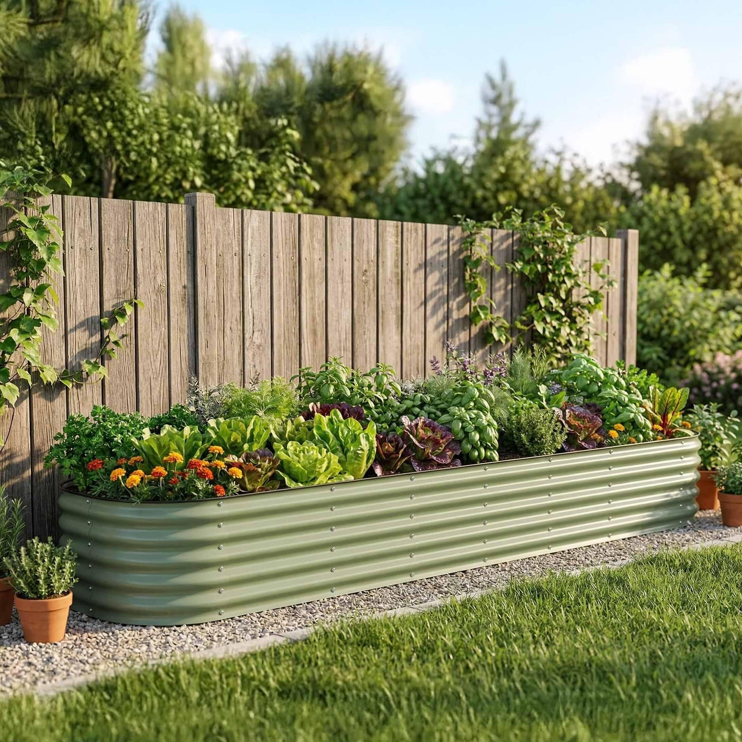Vego garden 17" Tall 2' x 12' Giant Modular Metal Raised Garden Bed Kit, Large Metal Planter Box for Vegetables, Flowers, Herbs, Olive Green