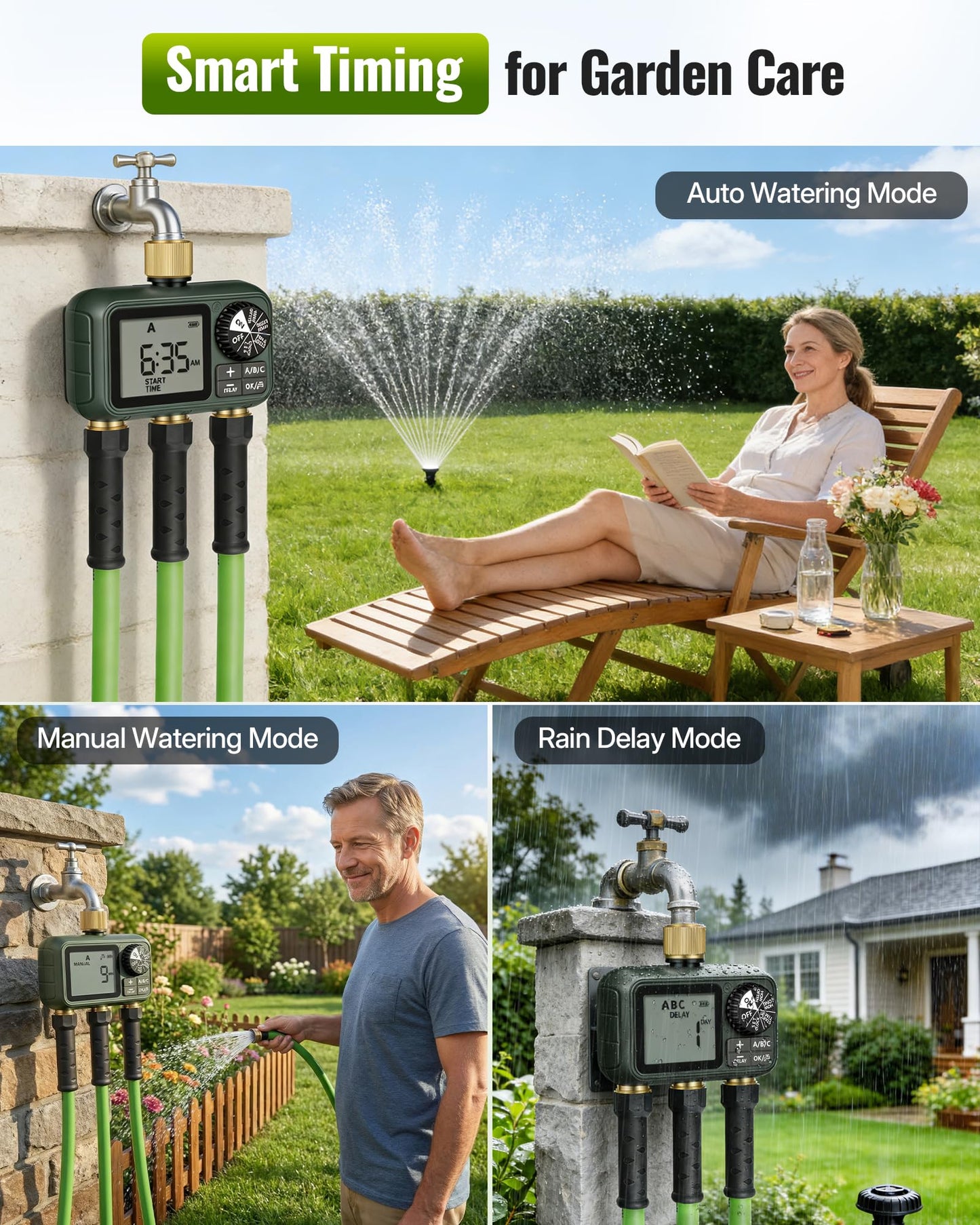 WILAWELS Brass Sprinkler Timer with Swivel, Programmable Water Timer for Garden Hose with Auto/Manual/Rain Delay Watering, Digital Irrigation System Kit,for Garden, Yard, Lawn 3 Outlet F13WT06