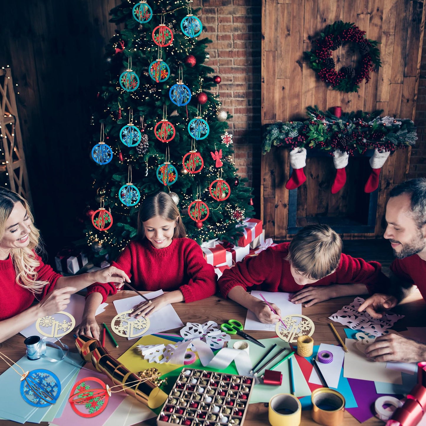 Chunful 24 Pcs DIY Christmas Wooden Ornaments 3D Unfinished Wood Crafts to Paint Christmas Hanging Cutouts Blank Hollow Wood Santa Reindeer Snowman Slice for Xmas Tree Decorations(Snowflake)