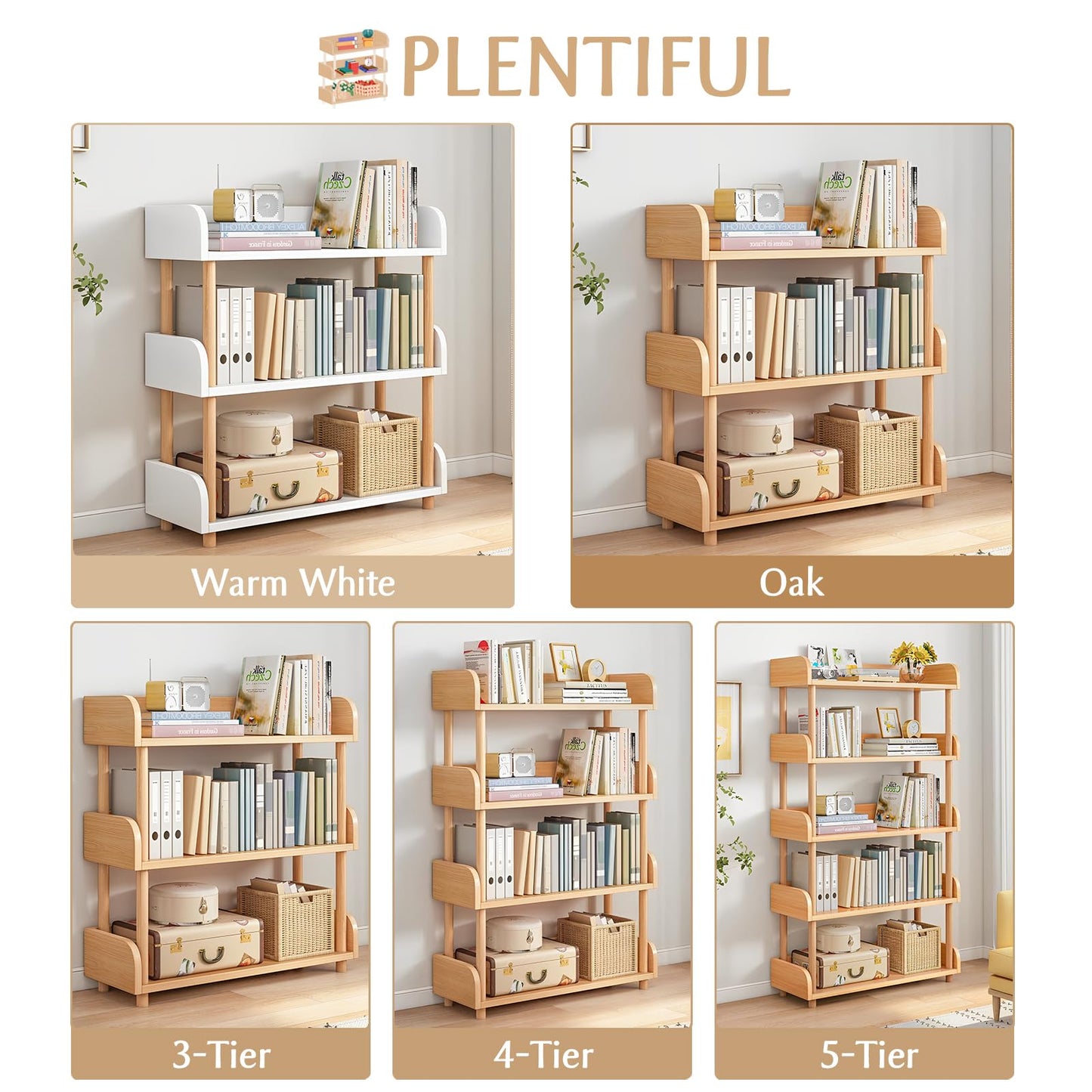 OSCHF 3-Tier Wooden Open Bookcase - Modern Display Bookshelf with Top Edge and Solid Wood Frame for Home and Office, Storage Cabinet, Oak
