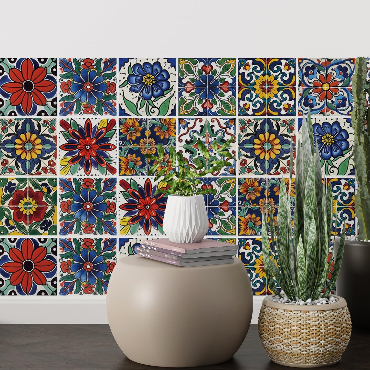 30 Pcs Mediterranean Style Peel and Stick Wall Tile Decals - Waterproof Vinyl Stickers for Kitchen Backsplash, Bathroom, Stair Riser Decor - Spanish Floral Pattern - 4x4 Inch