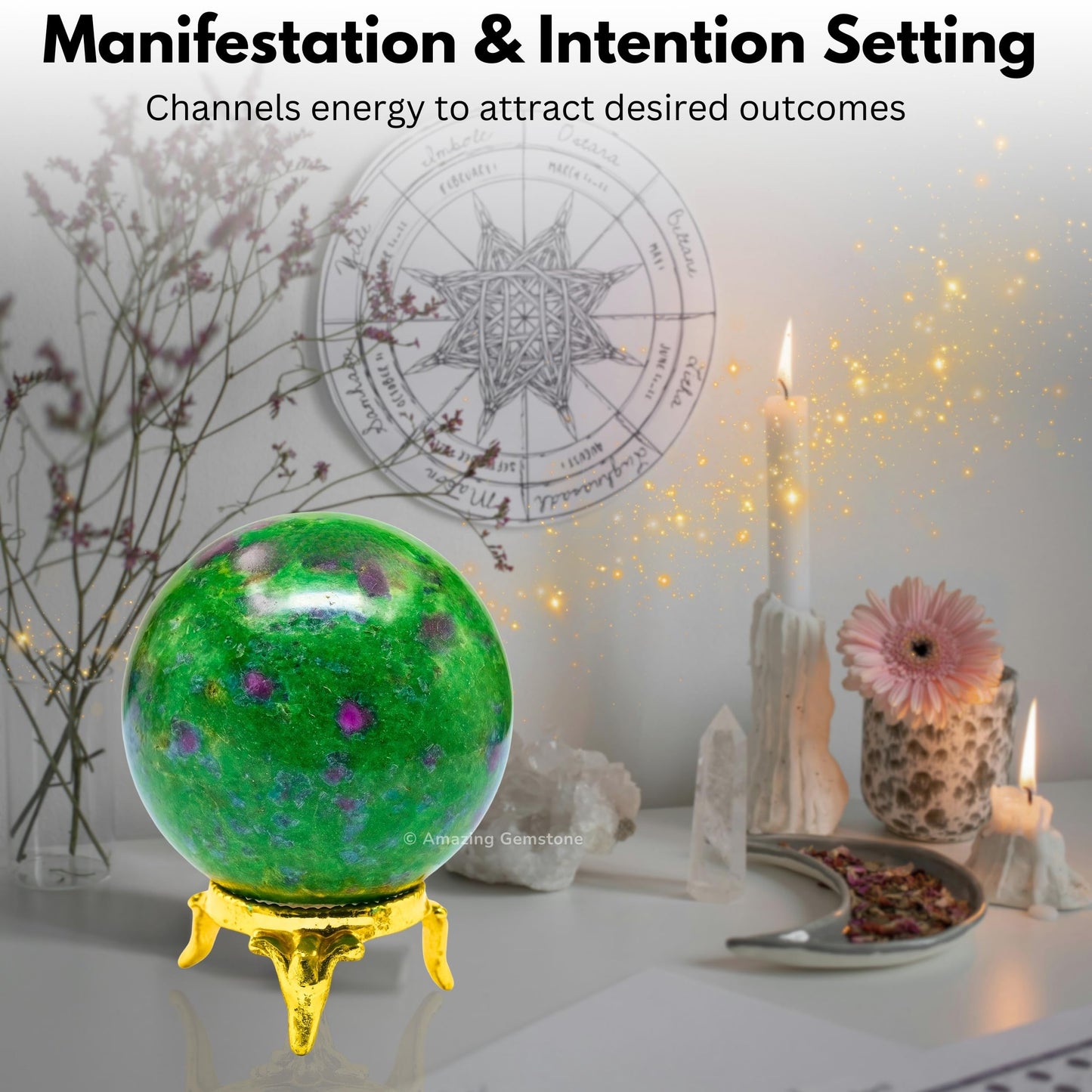 Amazing Gemstone Ruby Zoisite Crystal Ball with Stand - 2 Inches Crystal Sphere Meditation Balls for Witchcraft and Decorative Balls