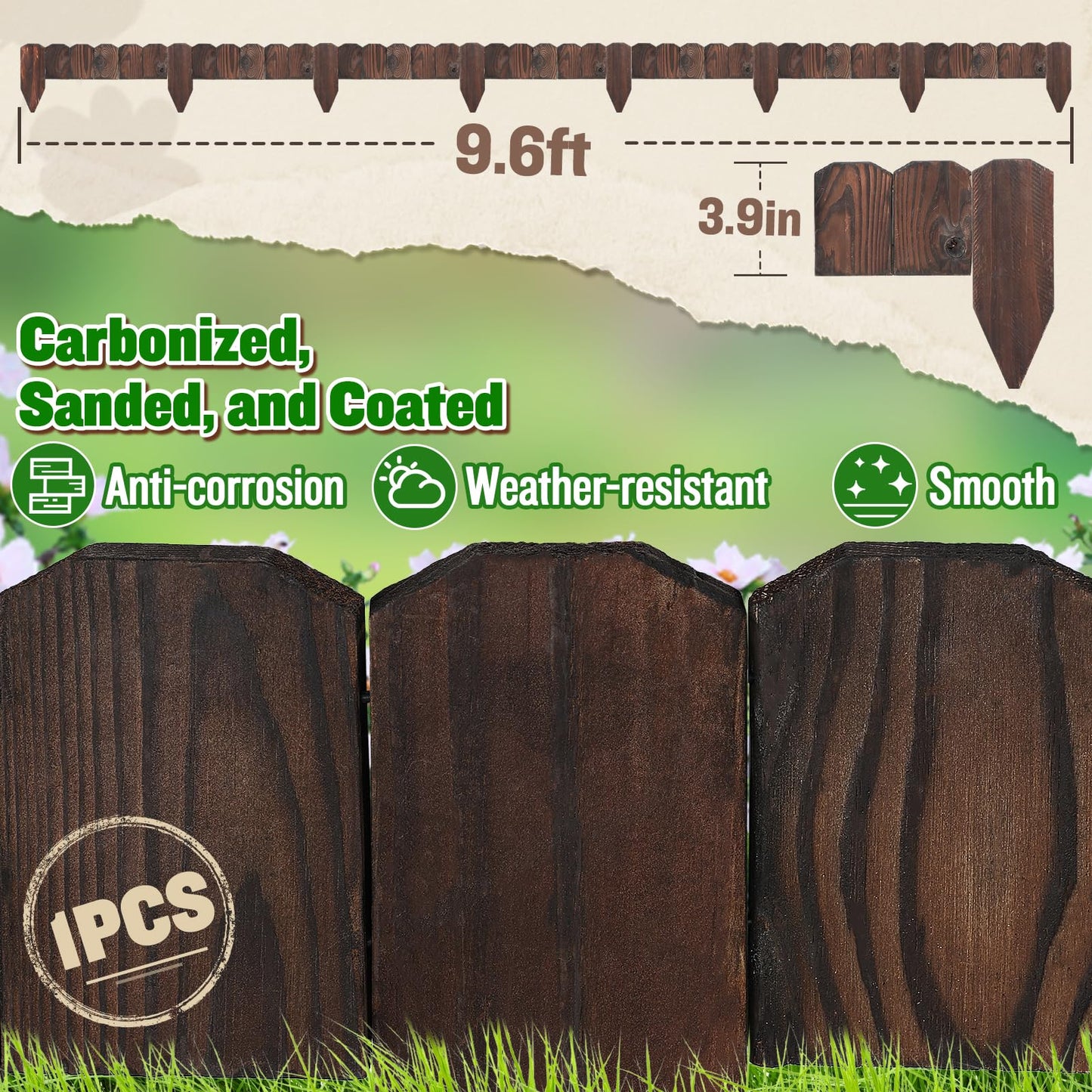 9.6ft L x 3.9in H Landscape Edging - Sturdy Anti-Corrosive Wood Garden Edging Border, Low-Profile Blends into Nature, for Yard Flower Bed Path Decorative Tree Fence, 1 Pack