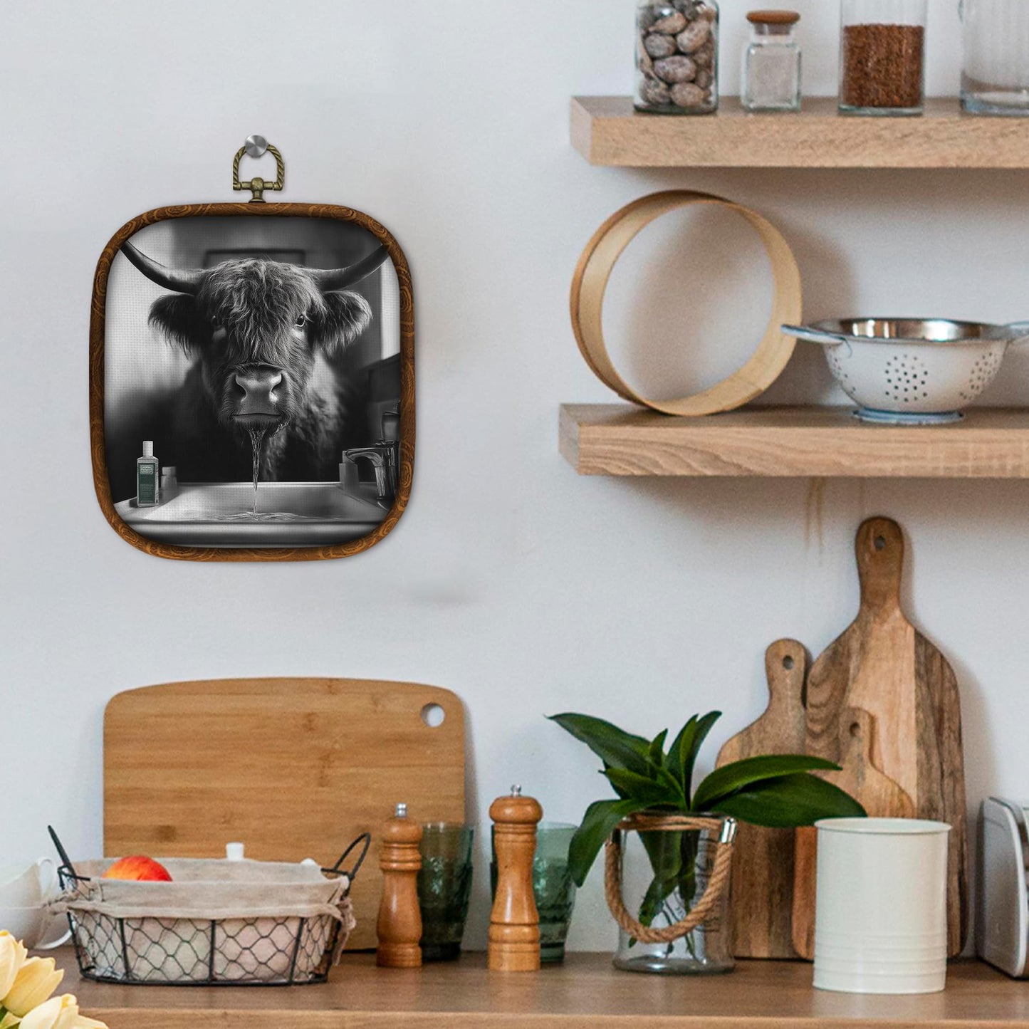 WULQYING Funny Highland Cow Bathroom Wall Art Decor, Highland Cow Framed Canvas Art Prints, Black and White Farmhouse Farm Animal Wall Hanging Decor for Home Bathroom Washroom Restroom, 5.7x6.5 Inches