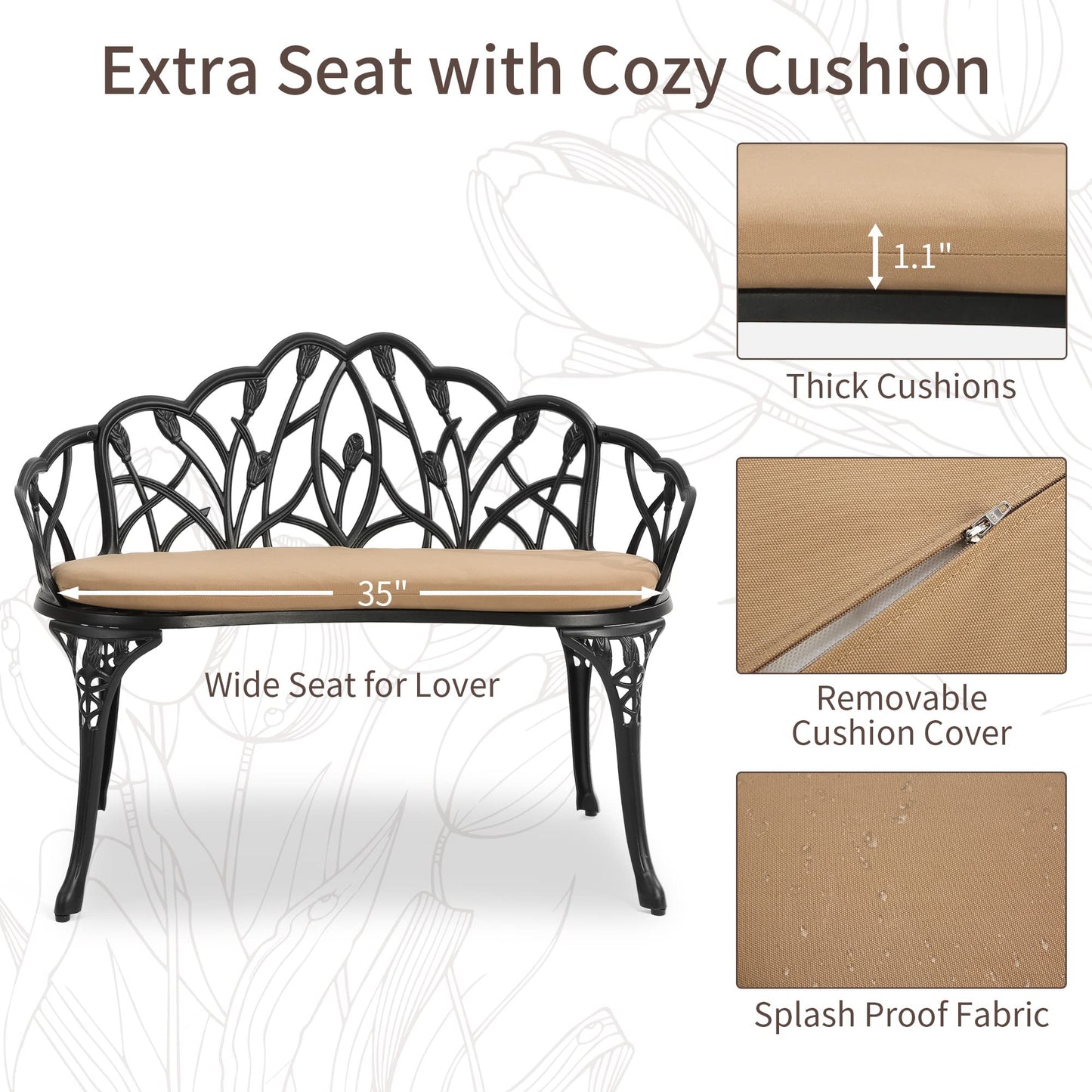 HOMEFUN Outdoor Patio Bench, Garden Benches with Cushion All-Weather Cast Aluminum Extra Loveseat for Lawn Front Porch Path Yard Decor Deck Furniture Black