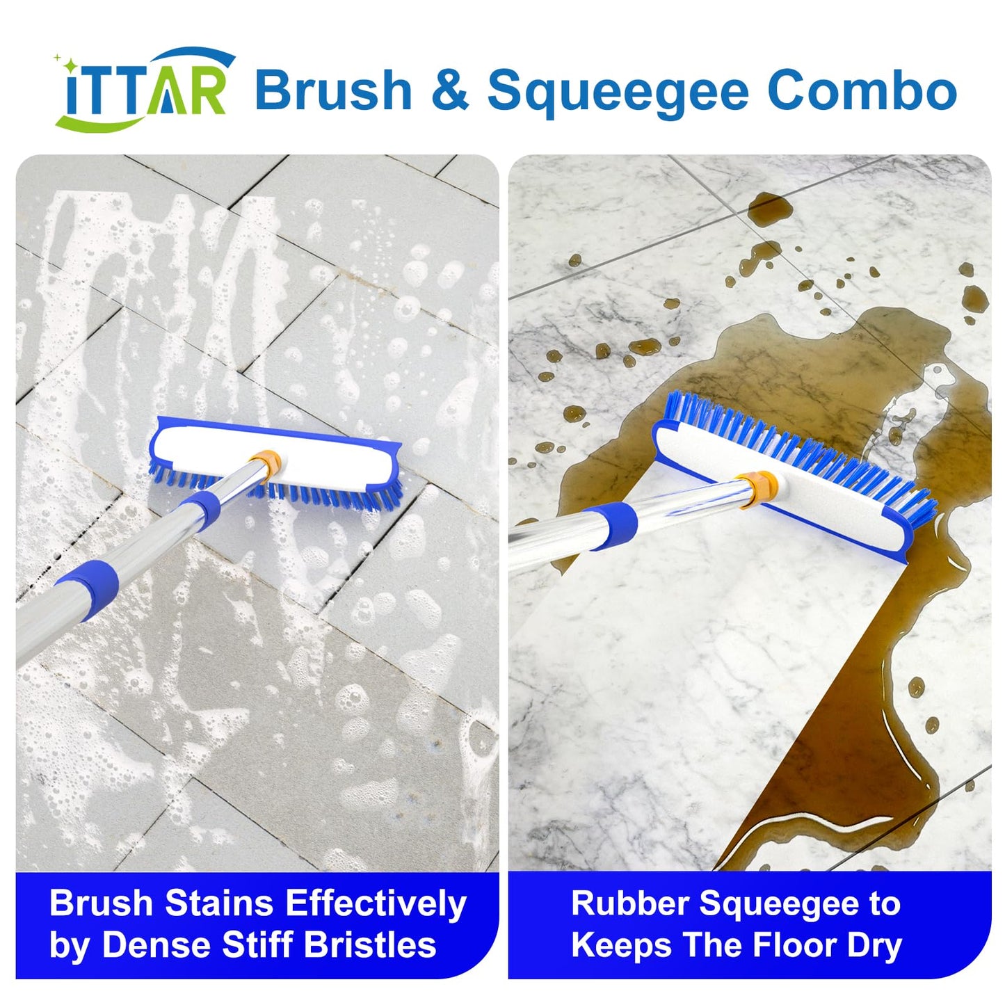 ITTAR 55" Extendable Floor Scrub Brush, 12" Wide Heavy-Duty 2-in-1 Scrub & Squeegee Deck Brush for Tile Grout Shower Floor, Kitchen, Restaurant, Patio & Garage Cleaning