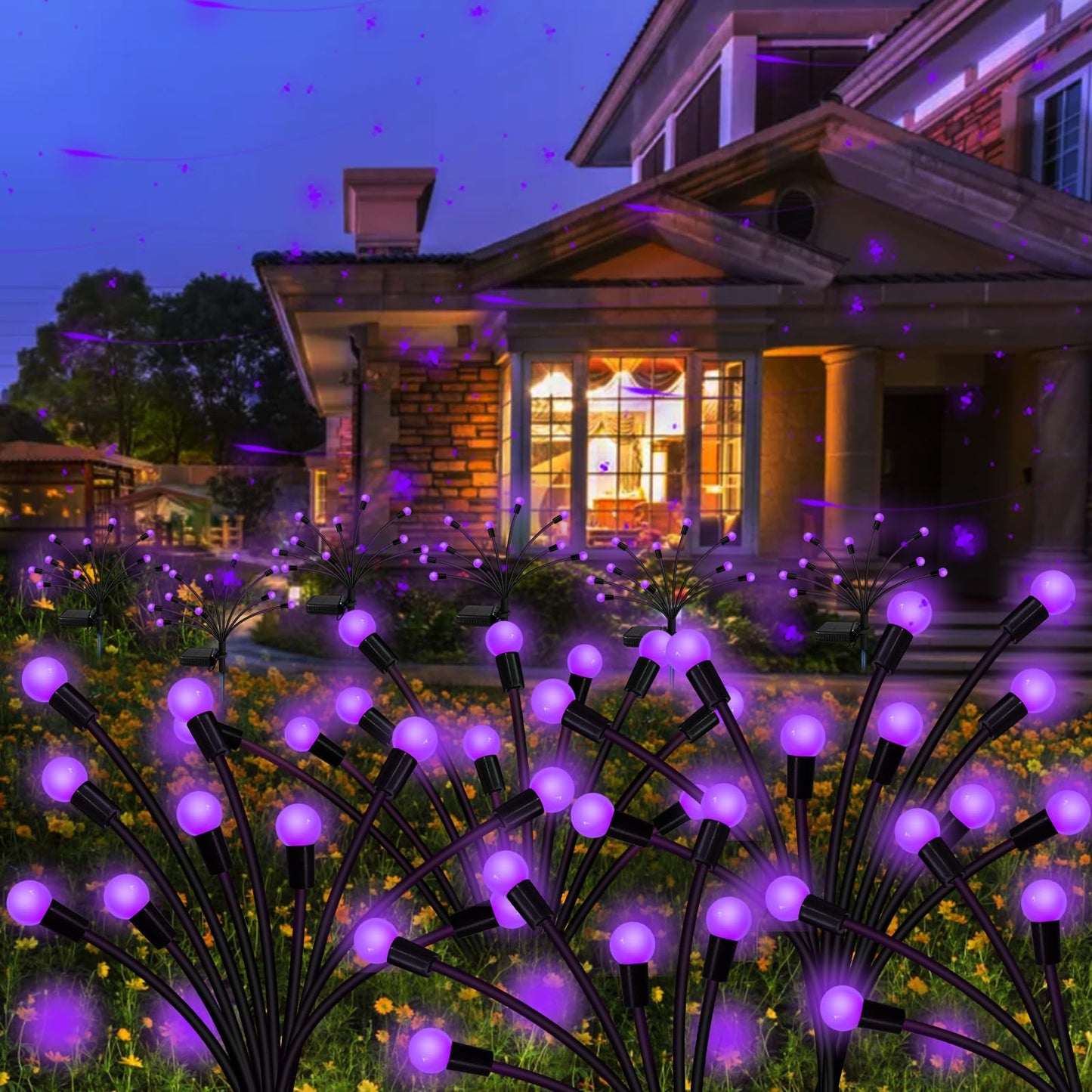 Solar Garden Lights Outdoor, 2 Pack 16 LED Solar Purple Firefly Lights Waterproof, Starburst Wind Swaying Light for Outside Yard Patio Planter Flower Bed Walkway Halloween Christmas Decoration