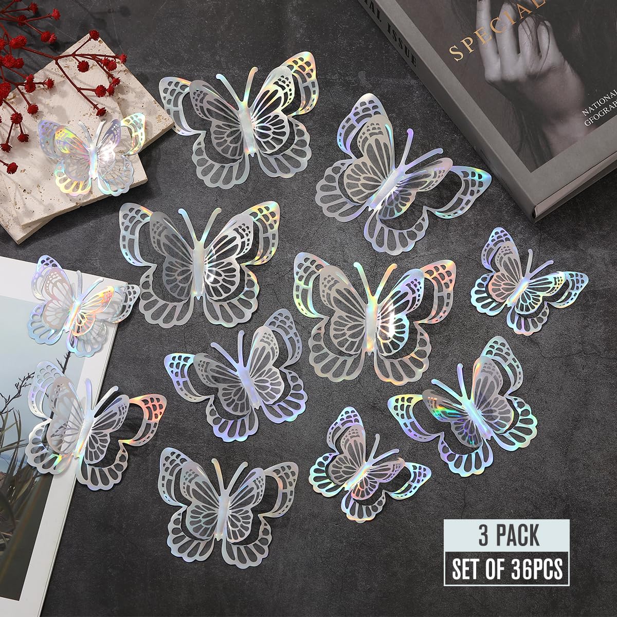36PCS Butterfly Wall Decals - 3D Butterflies Wall Stickers Removable Mural Decor Wall Stickers Decals Home Decor Room Bedroom Decor Living Room Decor (Sliver)