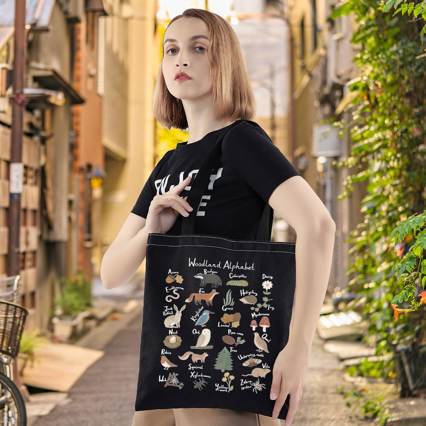 LEVLO Animal Alphabet Canvas Tote Bag - Woodland Themed Gift A-Z Grocery Bag (Black Tote)