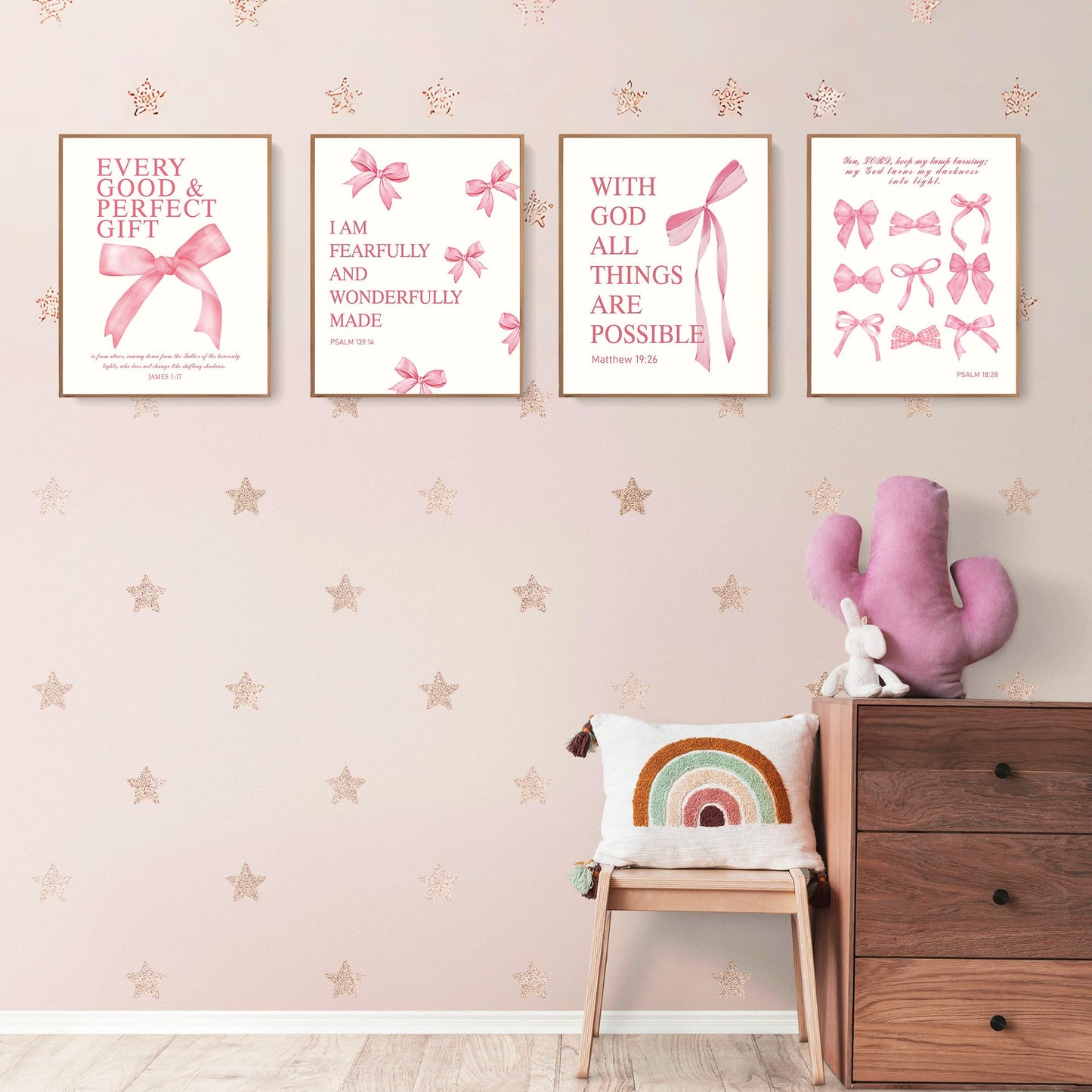 LARTSFRO Coquette Pink Bow Christian Wall Art Decor Posters, Pink Bow Christian Bathroom Room Bedroom Dorm Wall Art Decor Aesthetic for College Teen Girls Gifts,Inspirational Bible Verses Bow Wall Decor, 10x8 Inch Set of 4 Bow Pictures(UNFRAMED)