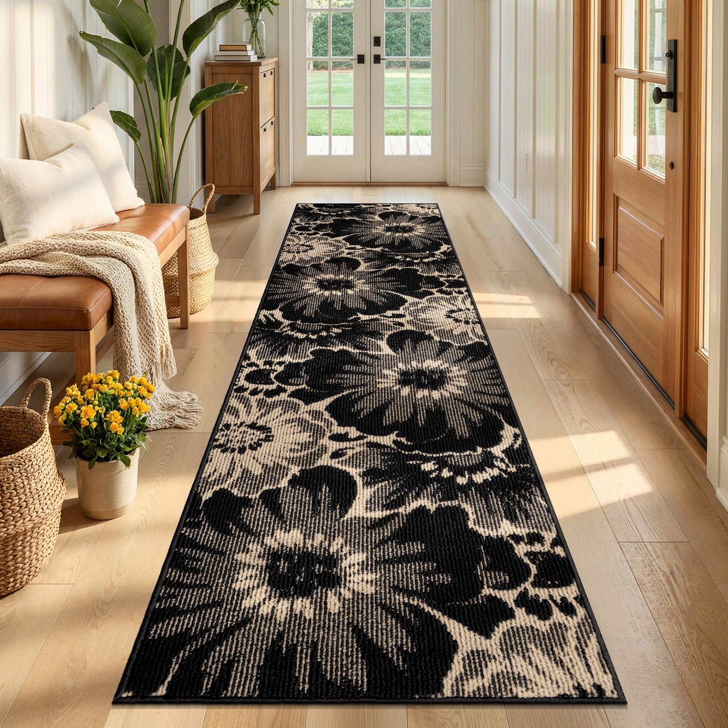 Findosom Hallway Runner Rug 2x8, Non Slip High-Low Textured Floral Washable Runner Rug with Rubber Backing, Boho Carpet Runner for Kitchen, Entryway, Bedroom, Laundry, Black & Beige