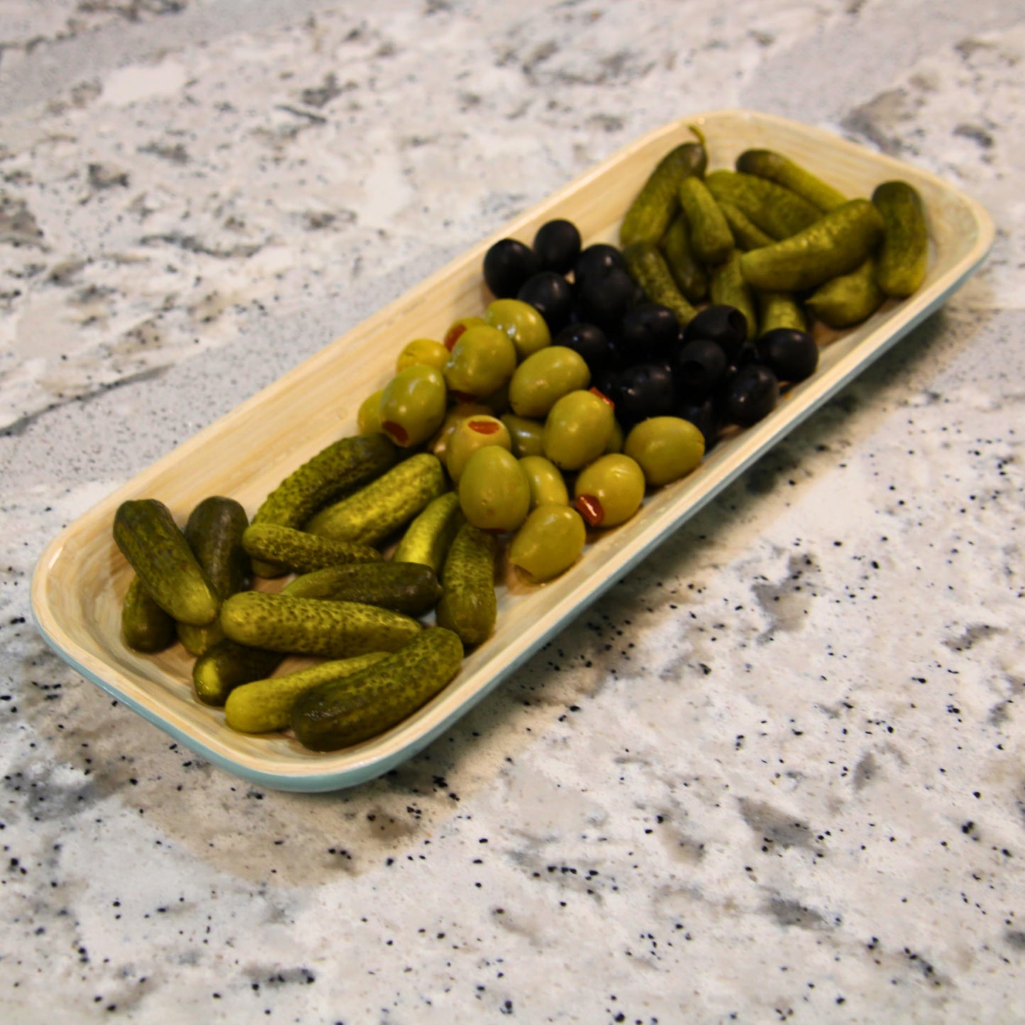 Caytre Living 15″ × 5.5″ Bamboo Rectangular Serving Tray – Hand‑Painted Decorative Fiber Platter – Lightweight, Eco‑Friendly Tableware for Olives, Appetizers & Snacks - Pearl