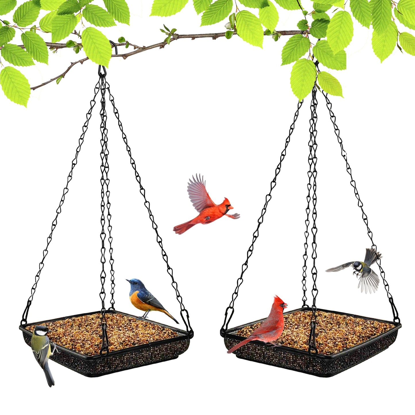 MIXXIDEA Hanging Bird Feeder Tray Metal Mesh Platform Seed Feeder with Durable Chains for Outdoors Garden Great for Attracting Birds (2 Pack)