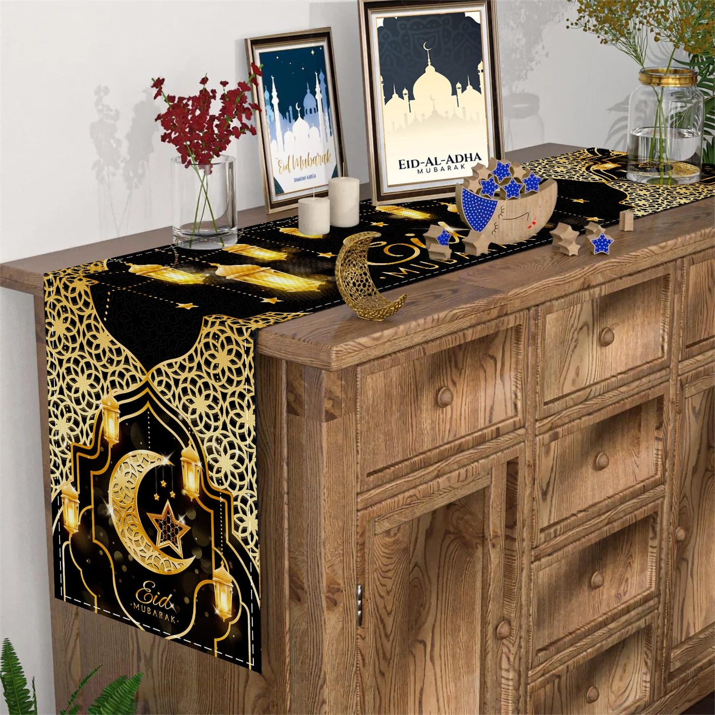 Fengrise Eid Mubarak Table Runner - Black Gold Ramadan Kareem Decorations for Home 2026, Star Moon and Lantern Pattern, Eid Al-Fitr Table Cloth,Islamic Decorations Supplies for Kitchen Indoor (13x72)