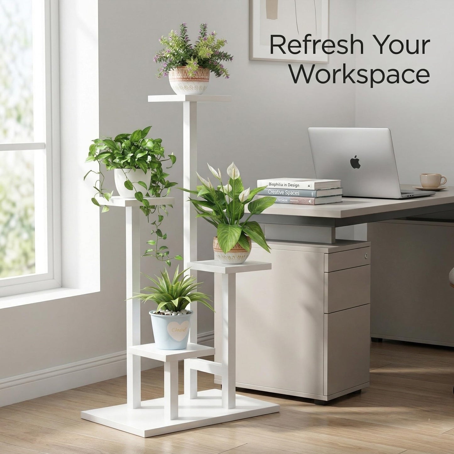 Kikbo 4-Tier Plant Stand Indoor, Tall Metal Plant Shelf for Multiple Plants, Corner Flower Pot Stand for Living Room, Balcony, Bedroom, Space Saving Plant Rack, White