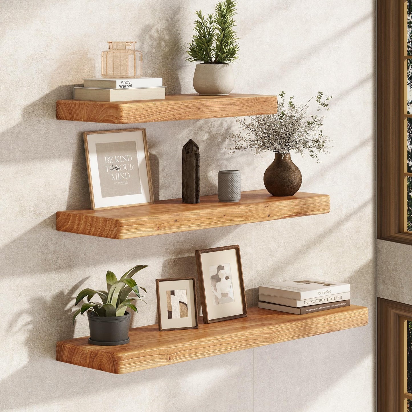 Fun Memories 36 Inch Floating Shelves for Wall, Solid Elm Wood Wall Shelf for Home Decor, Heavy-Duty Hardwood Floating Shelf for Bedroom, Bathroom, Living Room, Set of 2