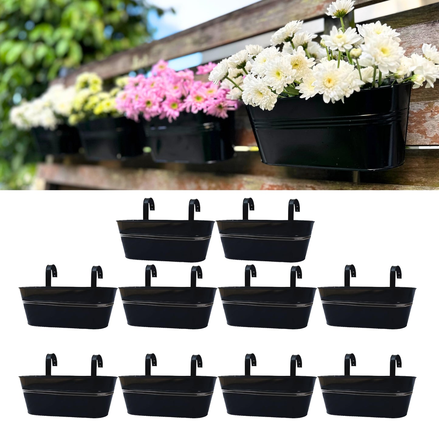 LaLaGreen Outdoor Plants Rail Planter (16 Inch, 10 Pack) Black Metal Iron Hanging Flower Pots Deck Railings Fence Balcony Modern Boho Style Wall Mount Window Boxes Plant Holder Hooks Porch Home Decor