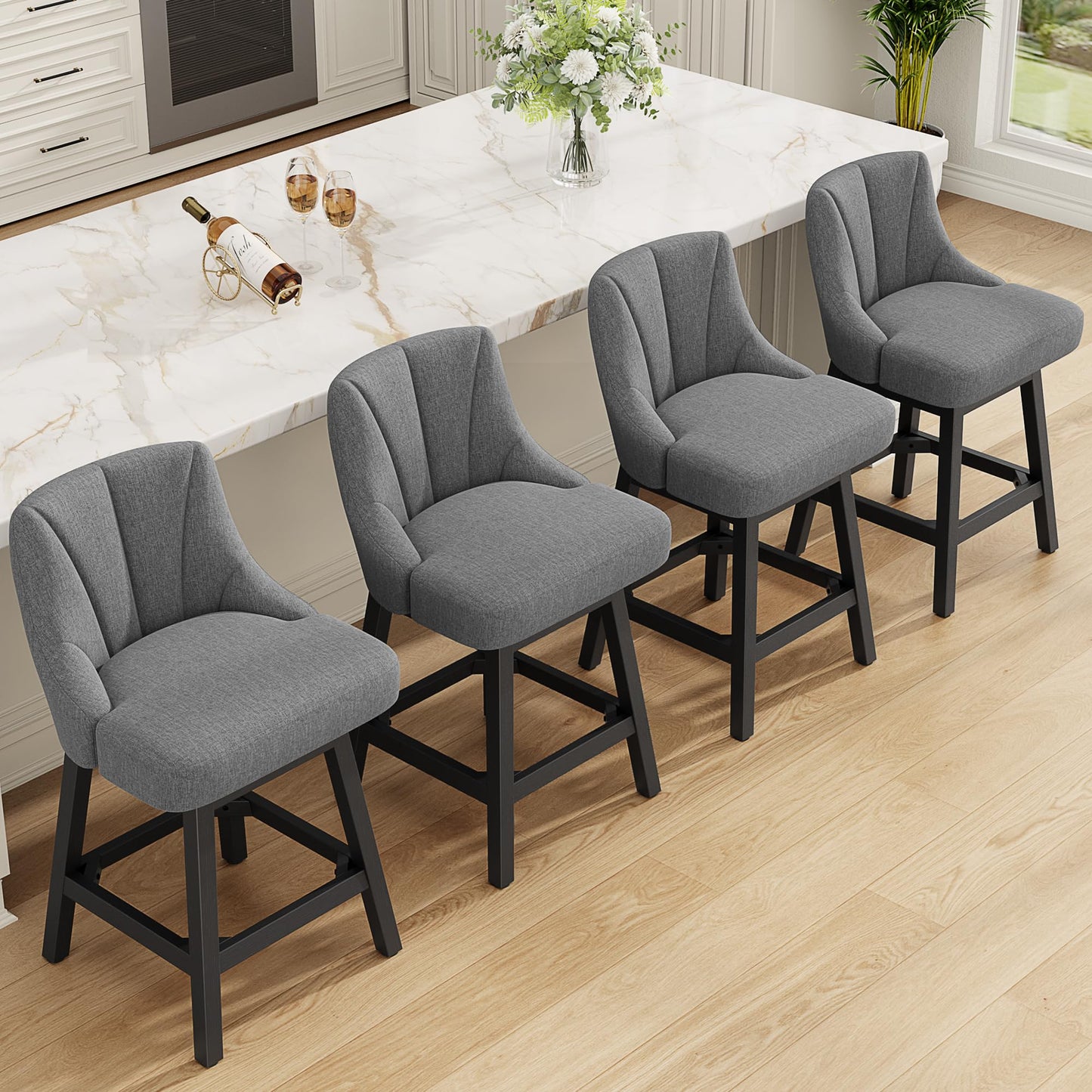 REONEY Swivel Bar Stools Set of 3, Fabric Upholstered Counter Height Barstool, 26" Modern Kitchen Island Chairs with Back and Solid Wood Legs for Home Bar Dining Room, Dark Grey