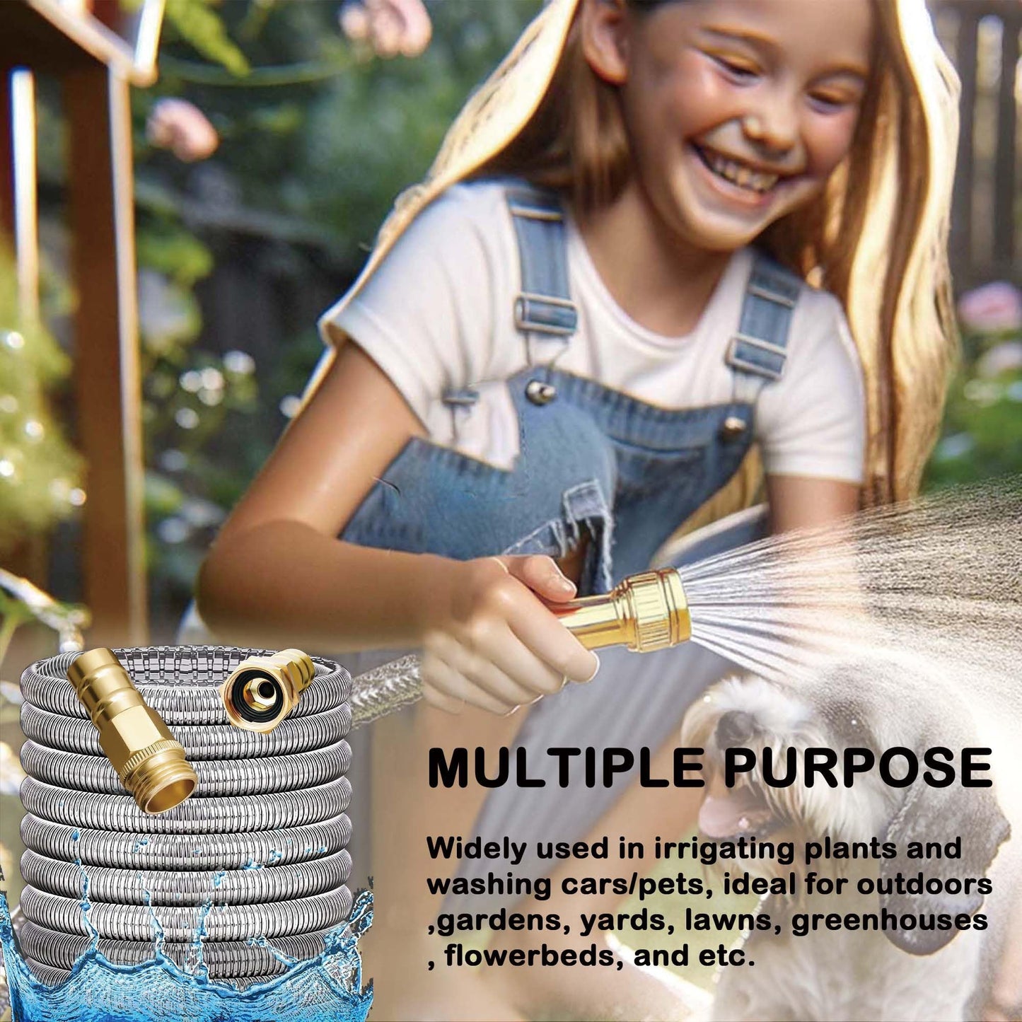 FangFarm Stainless Steel Garden Hose: 5FT 3/4" Male to Female Brass Fittings - Flexible Metal Water Hose for RV - Camper Faucet Extension Patio
