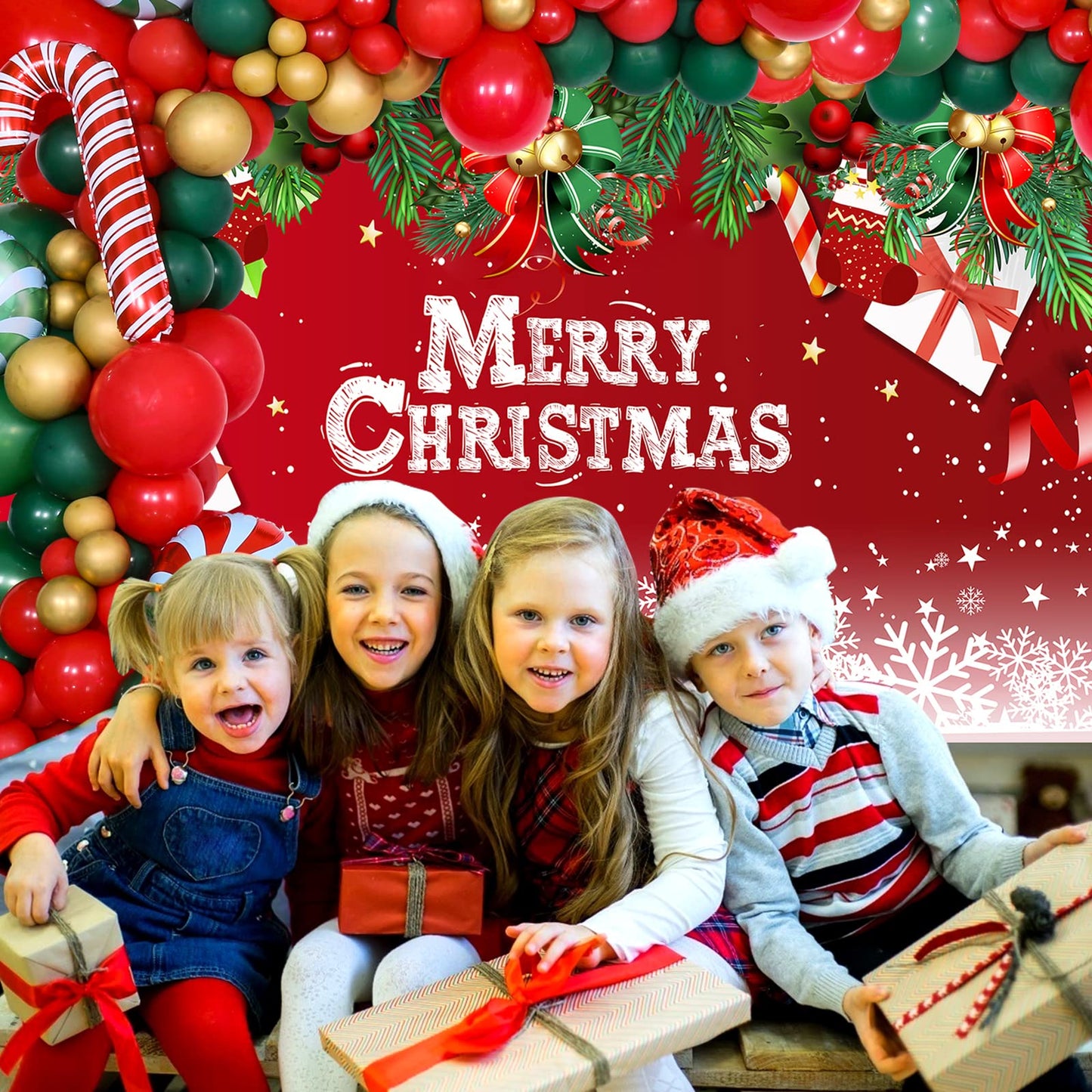 Christmas Party Decorations Set, Balloon Arch Kit with 43x71 Inch Christmas Backdrop, 89 PCS Xmas Balloons for Indoor Outdoor Merry Christma Decor, Xmas Gift
