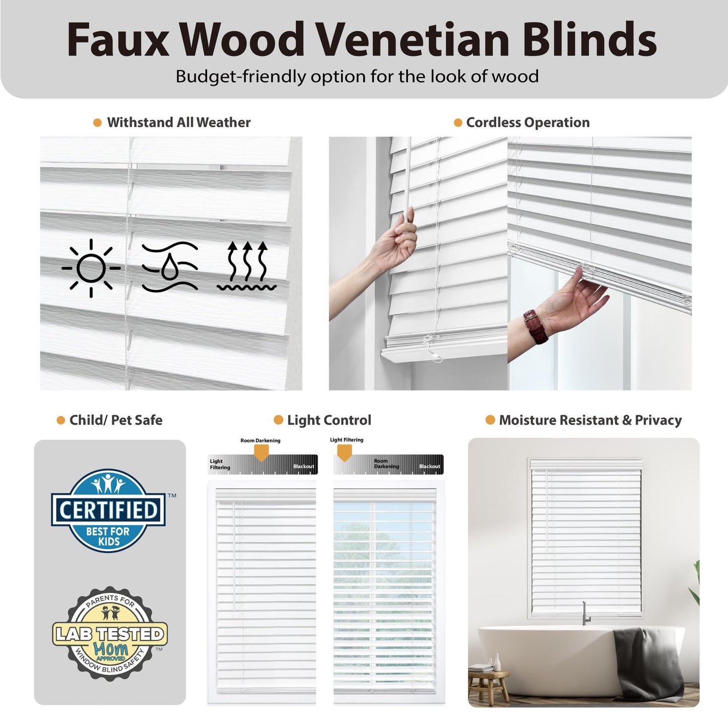 DEZ FURNISHINGS Cordless 2" Signature Faux Wood Blind, 30" W x 48" H, Embossed White